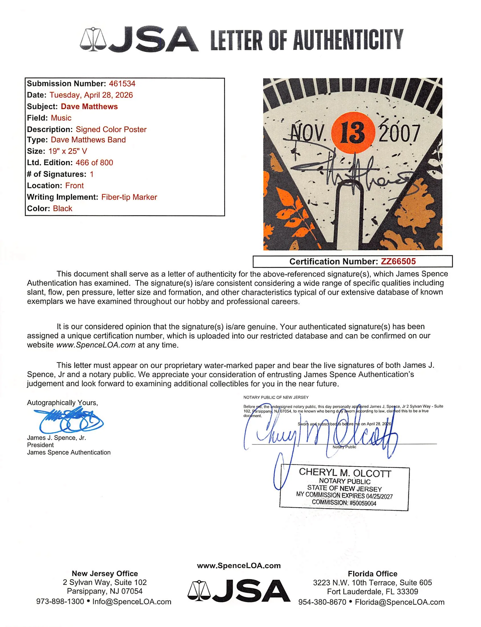 Dave Matthews DMB Signed 2007 Izod Center 19x25 Poster LE #466/800 JSA #ZZ66505 - Image 5