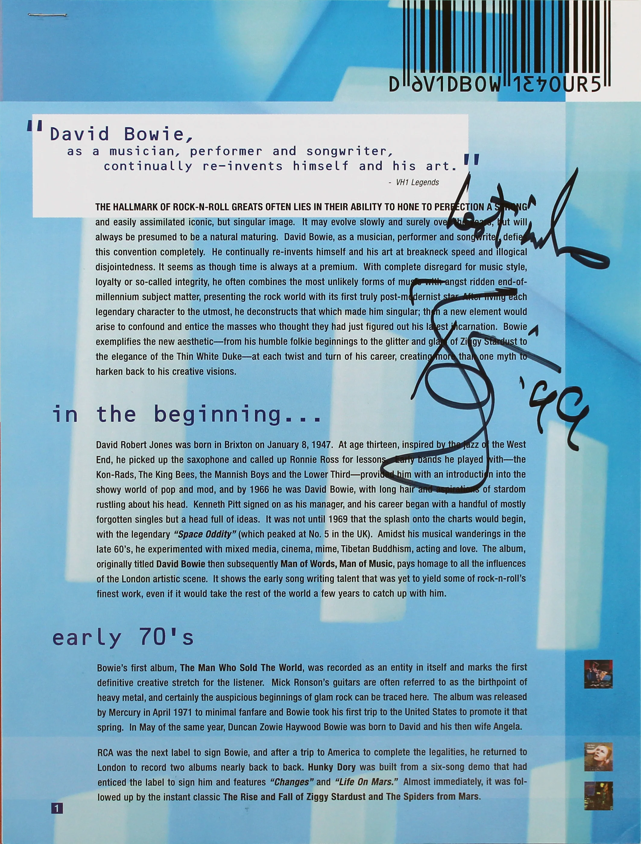 David Bowie Signed Virgin Records Press Release Hours LP Program BAS #AA03162 - Image 2