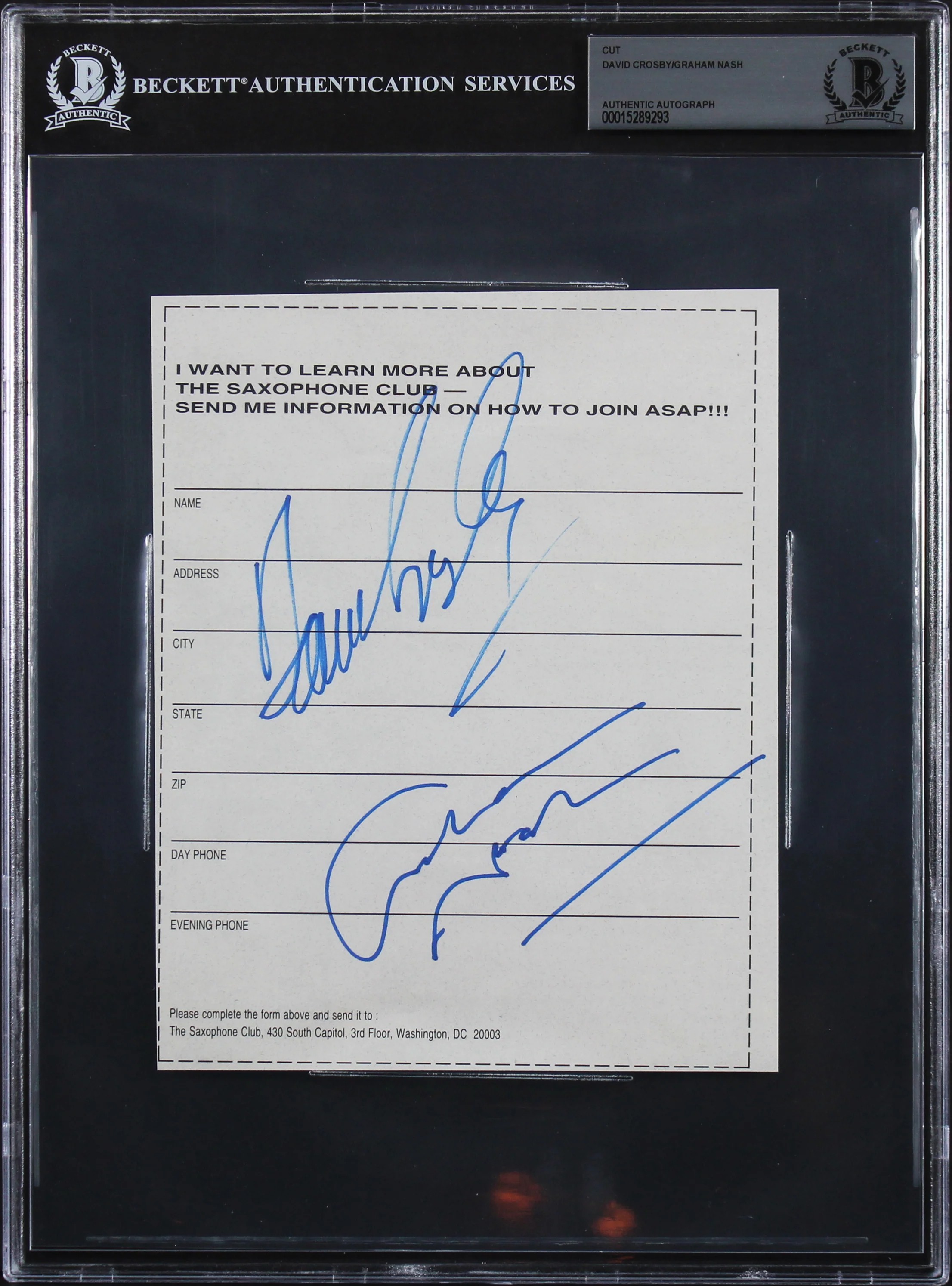David Crosby & Graham Nash CS&N Signed 5.75x7.35 Cut Signature BAS Slabbed - Image 2
