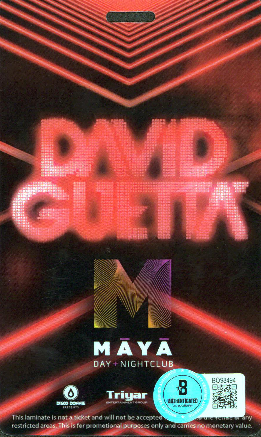 David Guetta Authentic Signed April 6, 2014 VIP Maya Badge BAS #BQ98494 - Image 3