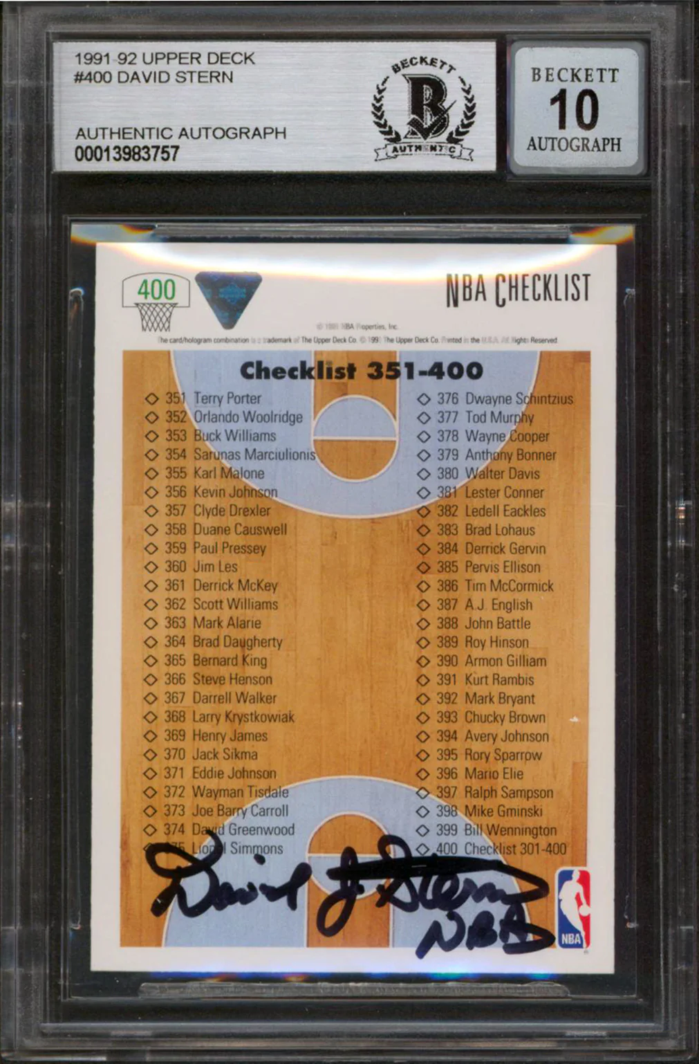David Stern Signed 1991 Upper Deck #400 Card Auto Graded Mint 10! BAS Slabbed