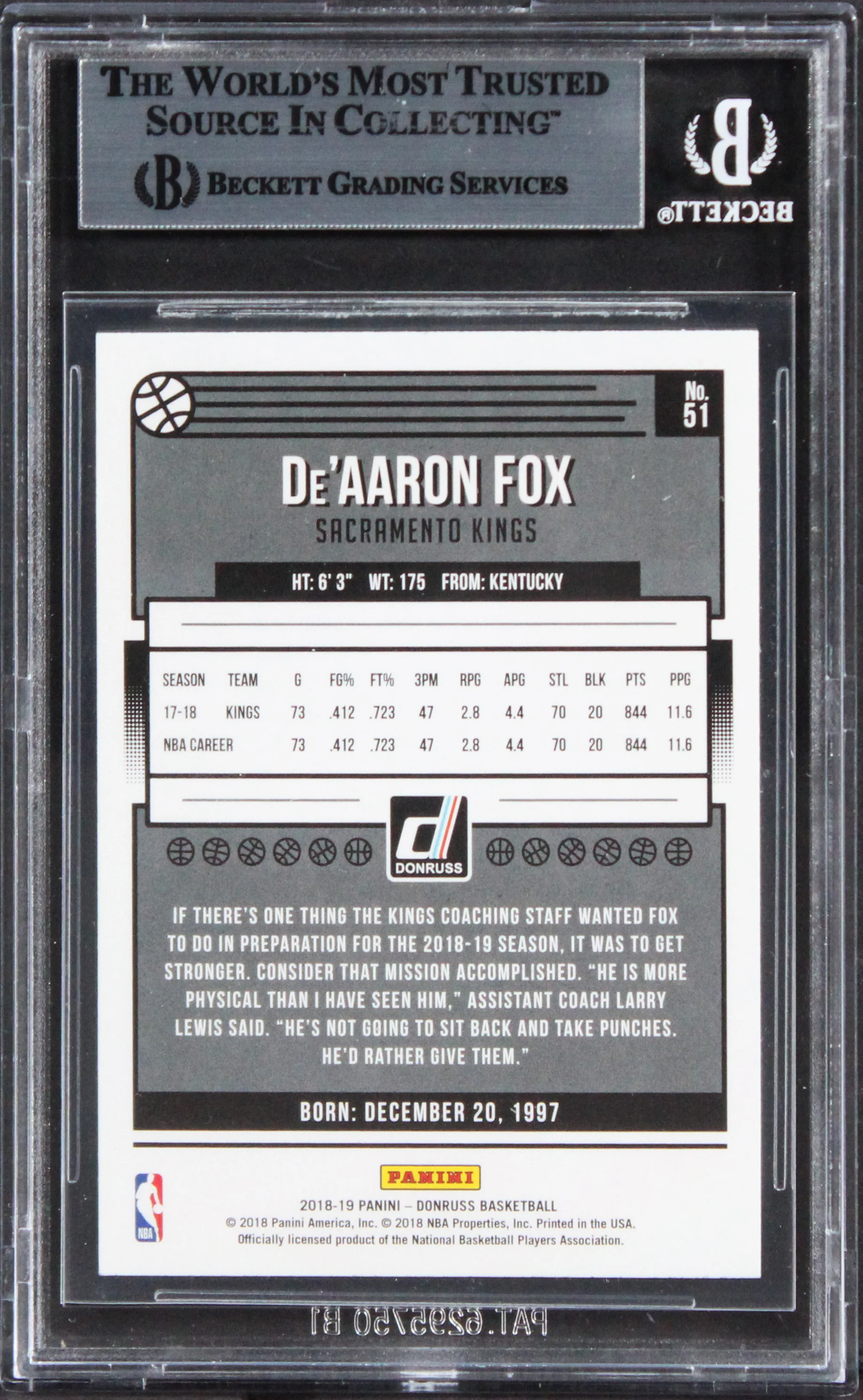De'Aaron Fox Signed 2018 Donruss Holo Green And Yellow Laser #51 Card BAS Slab - Image 3