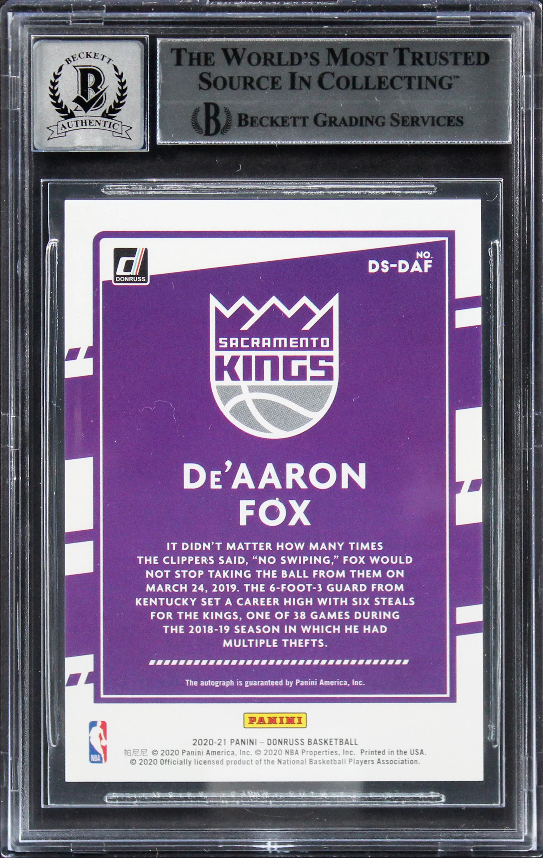 De'Aaron Fox Signed 2020 Donruss Dominator Signatures #8 Card Auto 10! BAS Slab - Image 3