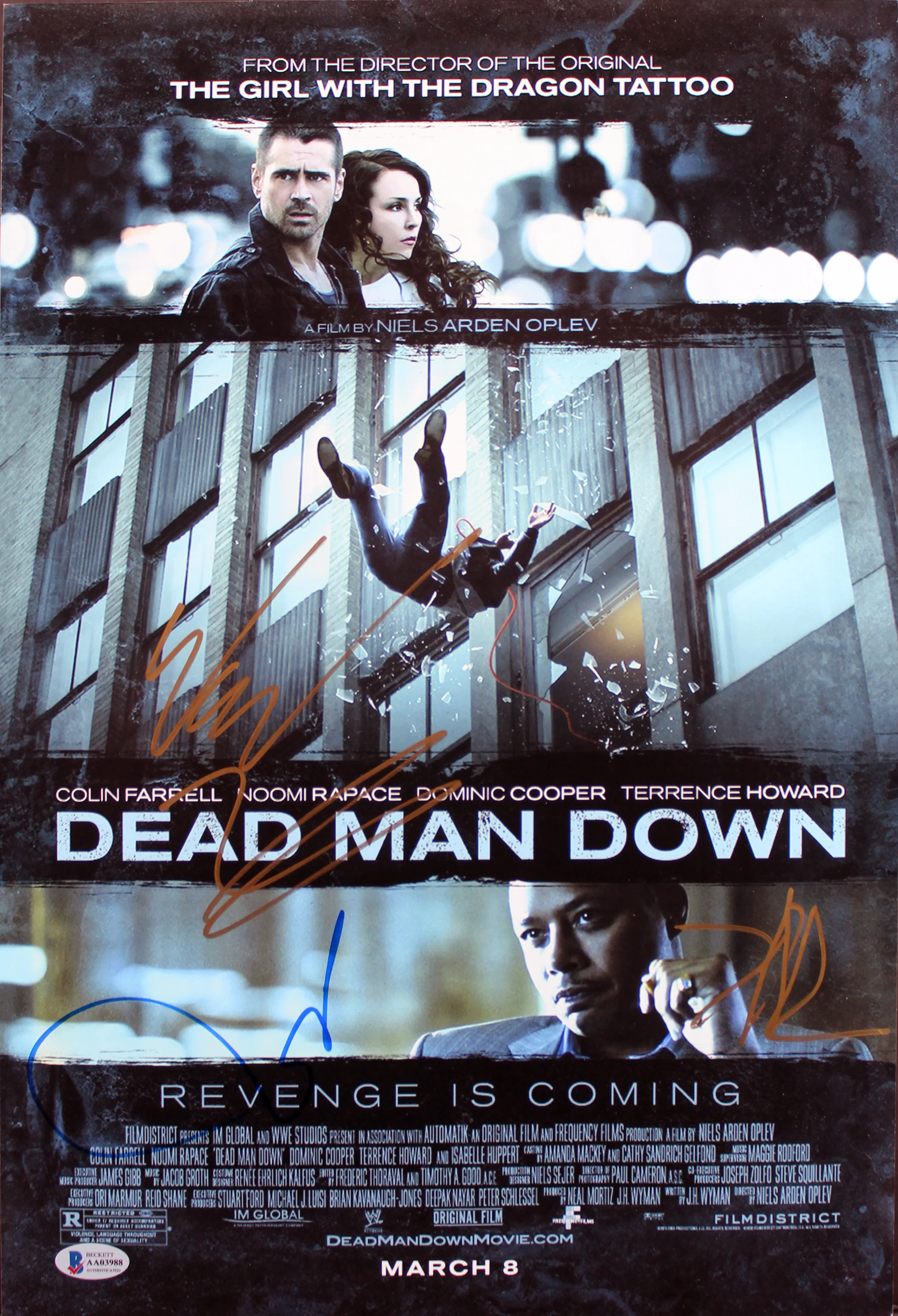 Dead Man Down (4) Howard, Oplev, Bennett +1 Signed 12x18 Photo BAS #AA03988 - Image 2
