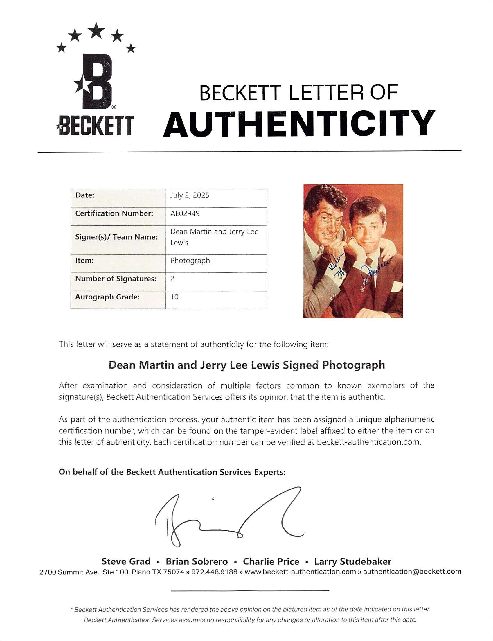 Dean Martin & Jerry Lewis Authentic Signed 11x14 Photo Auto 10! BAS #AE02949 - Image 3