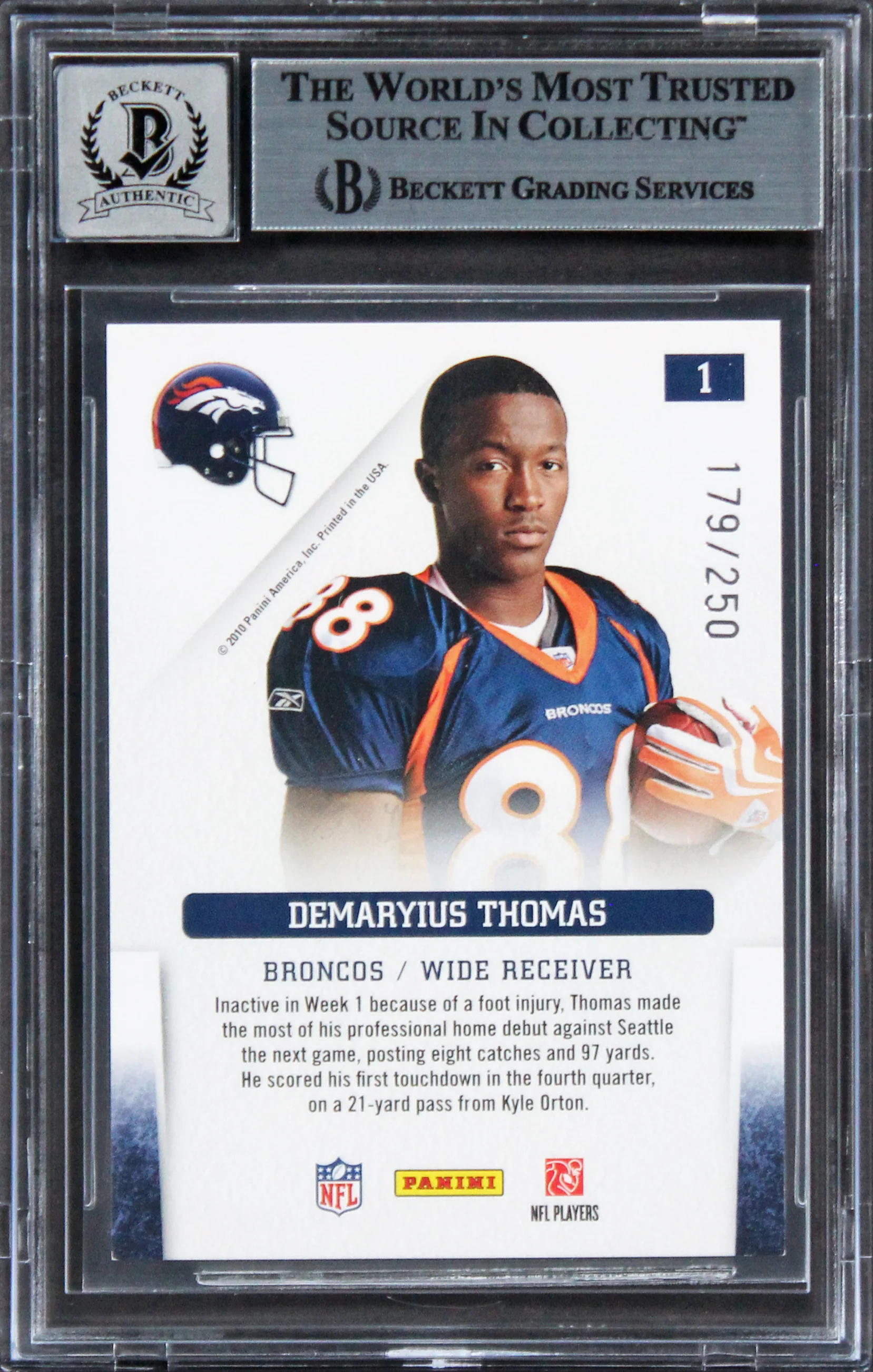 Demaryius Thomas Signed 2010 Panini GG Rookie Silver #1 Card Auto 10 BAS Slabbed - Image 3