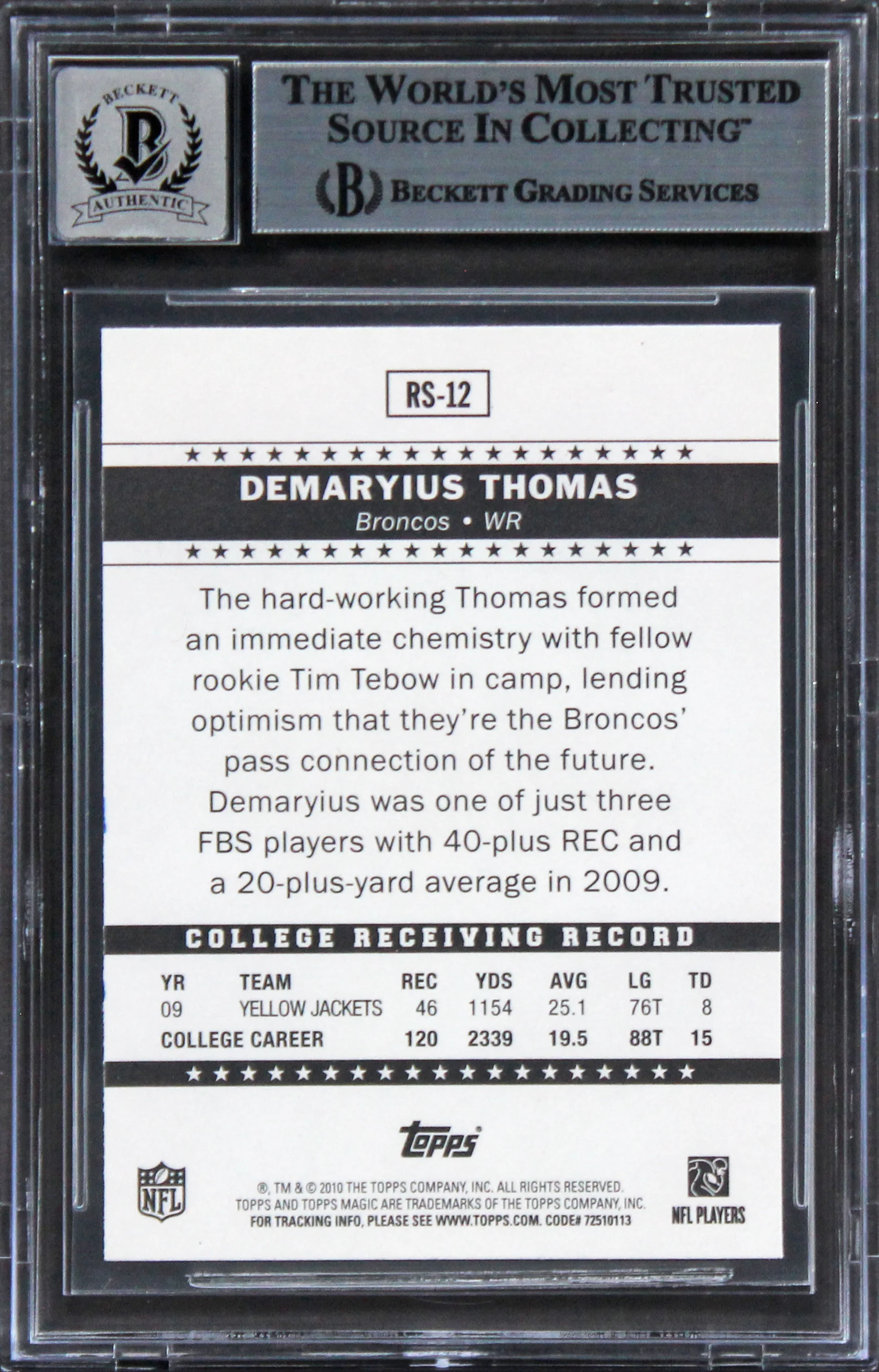 Demaryius Thomas Signed 2010 Topps Rookie Stars #R312 Card Auto 10! BAS Slabbed - Image 3