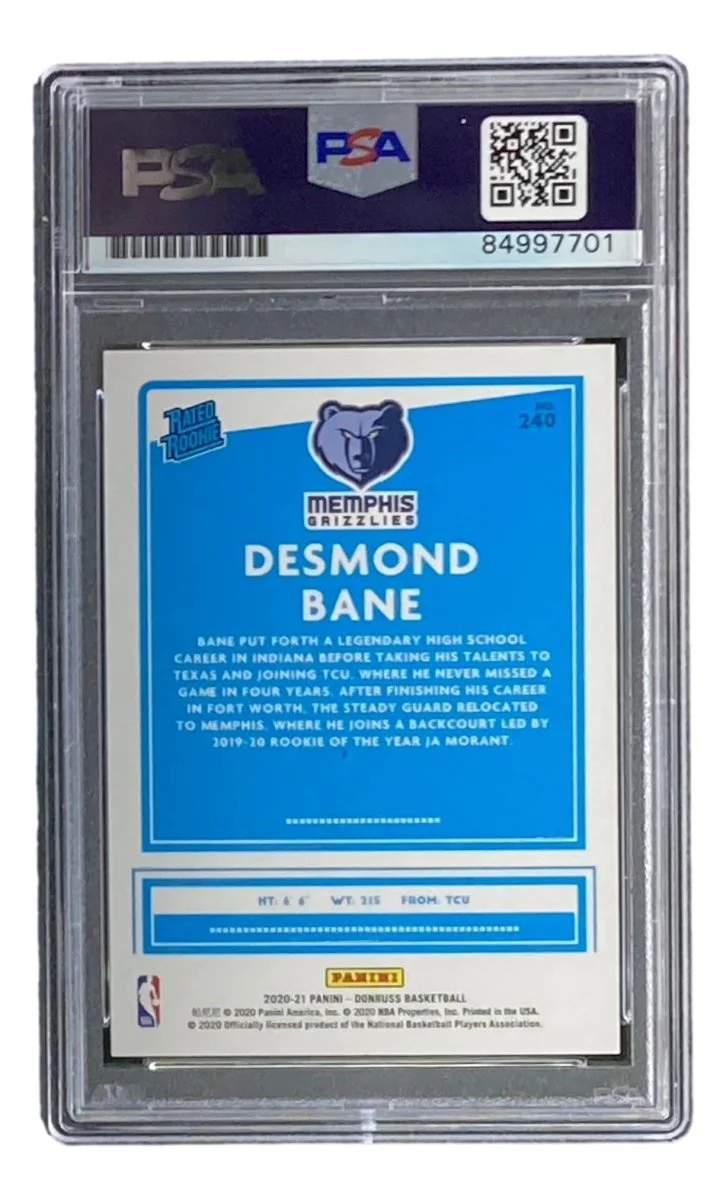 Desmond Bane Signed 2020 Donruss Rated Rookies #240 Rookie Card PSA/DNA Gem MT 10 - Image 2