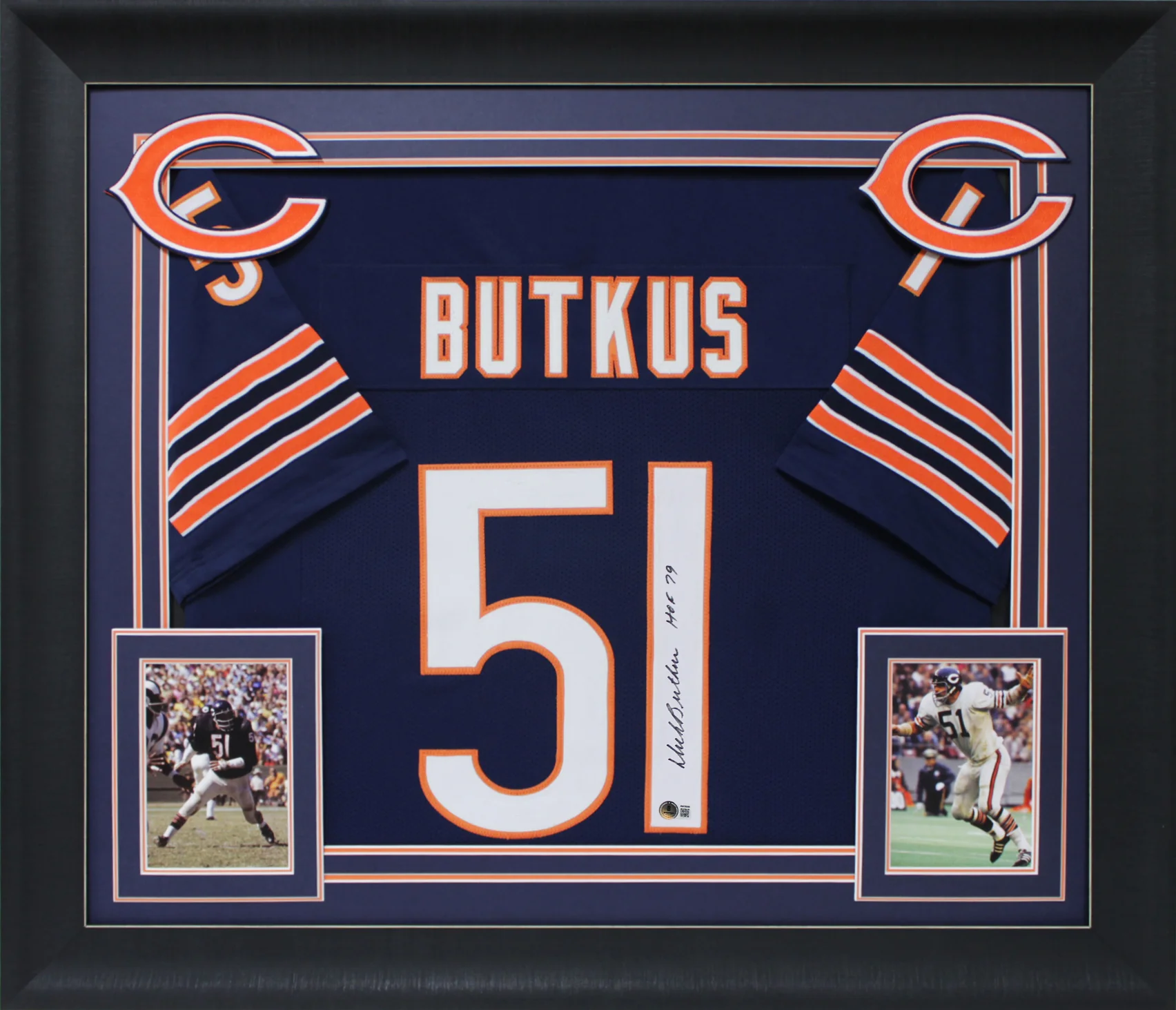 Dick Butkus "HOF 79" Authentic Signed Navy Blue Pro Style Framed Jersey BAS - Image 2