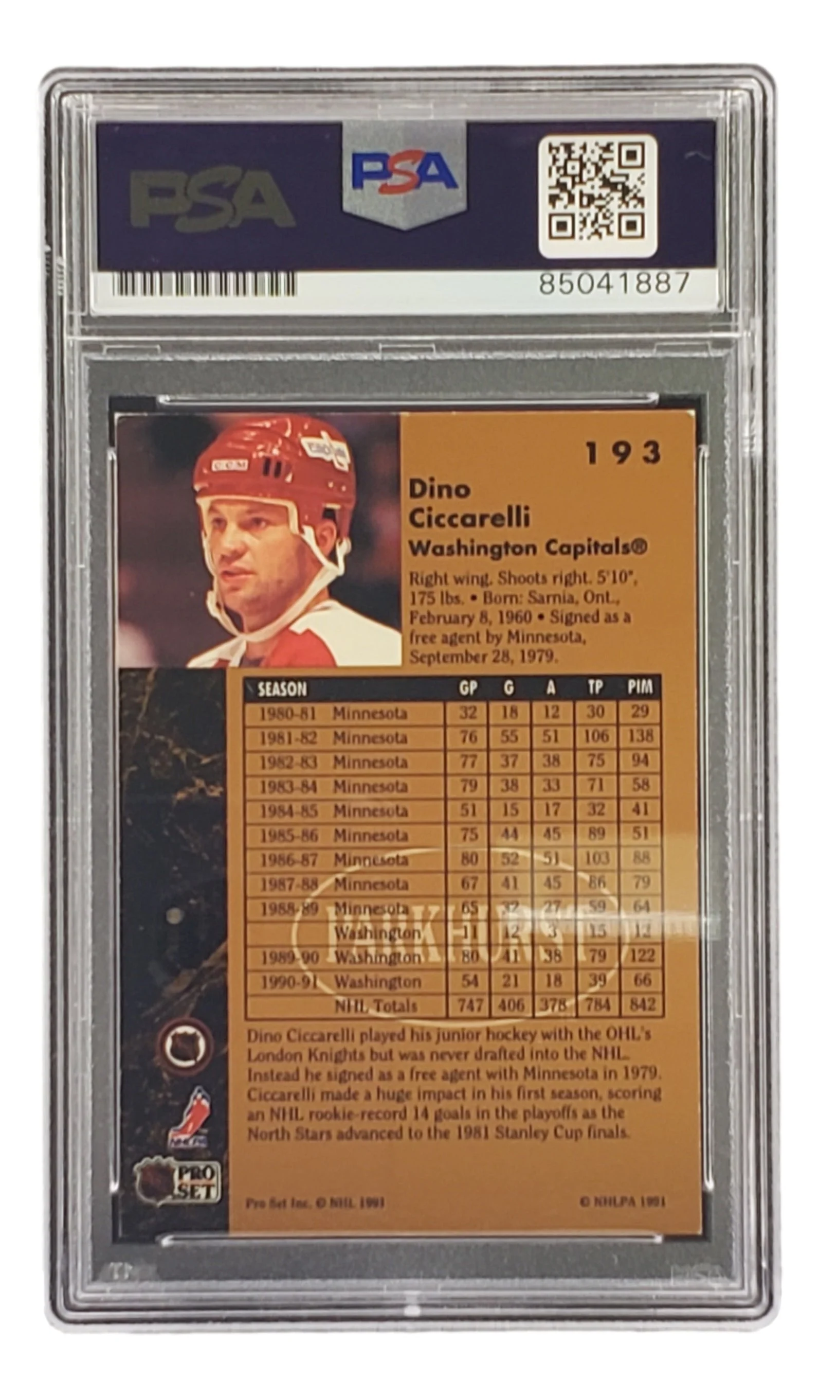 Dino Ciccarelli Signed 1991 Pro Set #193 Capitals Hockey Card PSA/DNA - Image 2