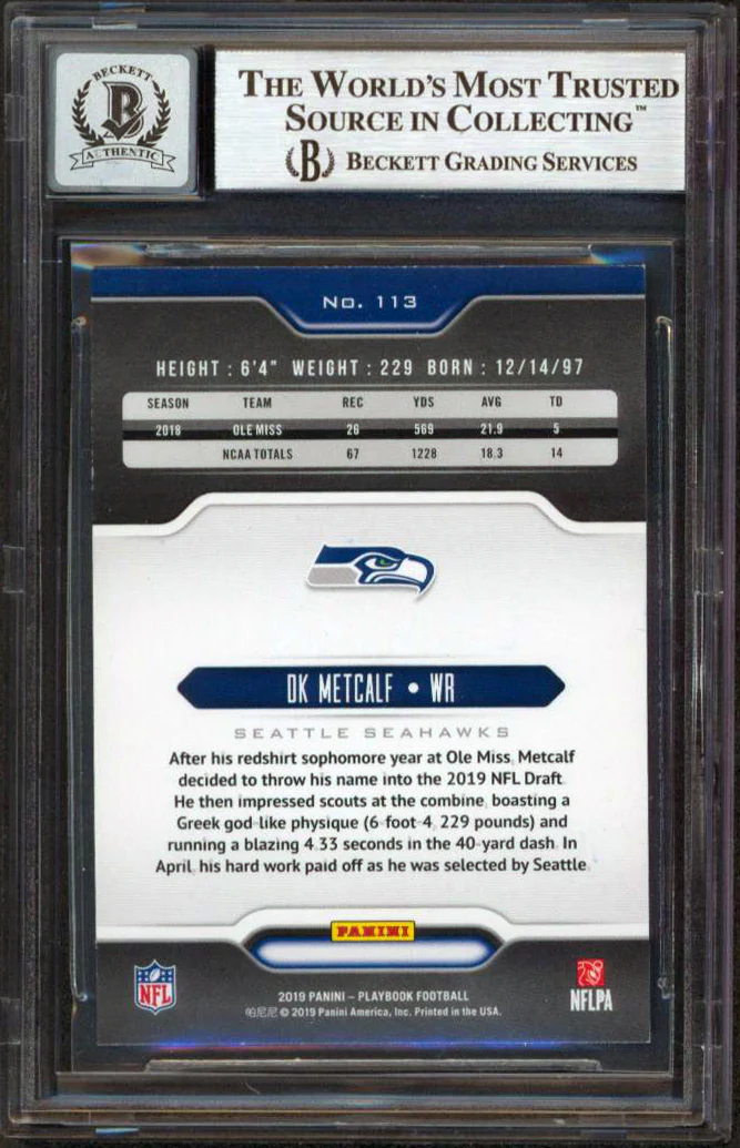 DK Metcalf Signed 2019 Panini Playbook #113 Rookie Card Auto 10! BAS Slabbed - Image 3