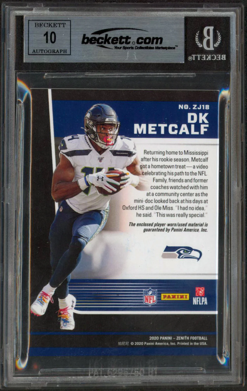 DK Metcalf Signed 2020 Zenith Jersey Copper #18 #34/35 Card Auto 10 BAS Slabbed - Image 3