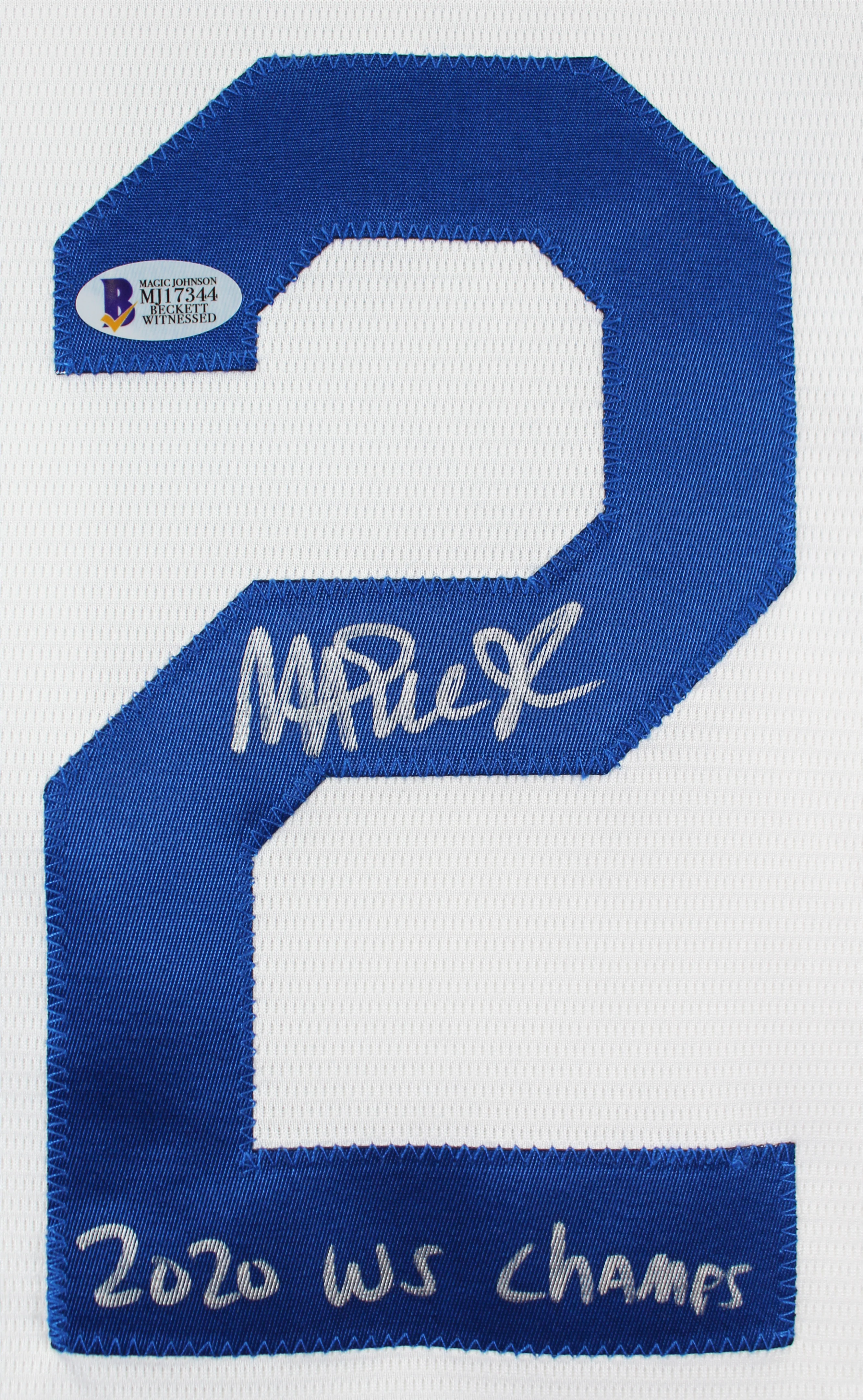 Dodgers Magic Johnson "2020 WS Champs" Signed White Majestic Coolbase Jersey BAS - Image 3