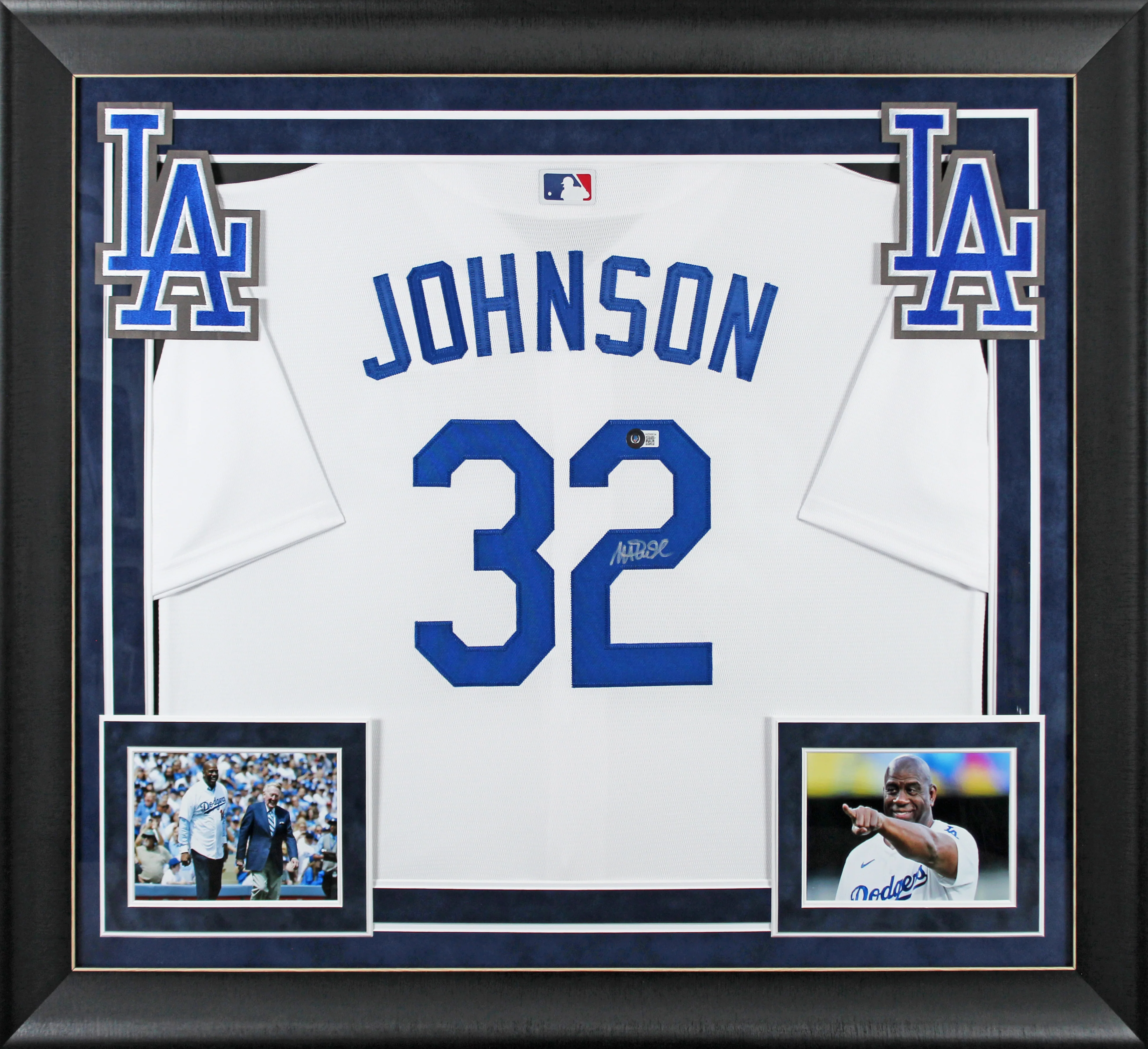 Dodgers Magic Johnson Signed White Majestic Coolbase Framed Jersey BAS Witnessed - Image 2