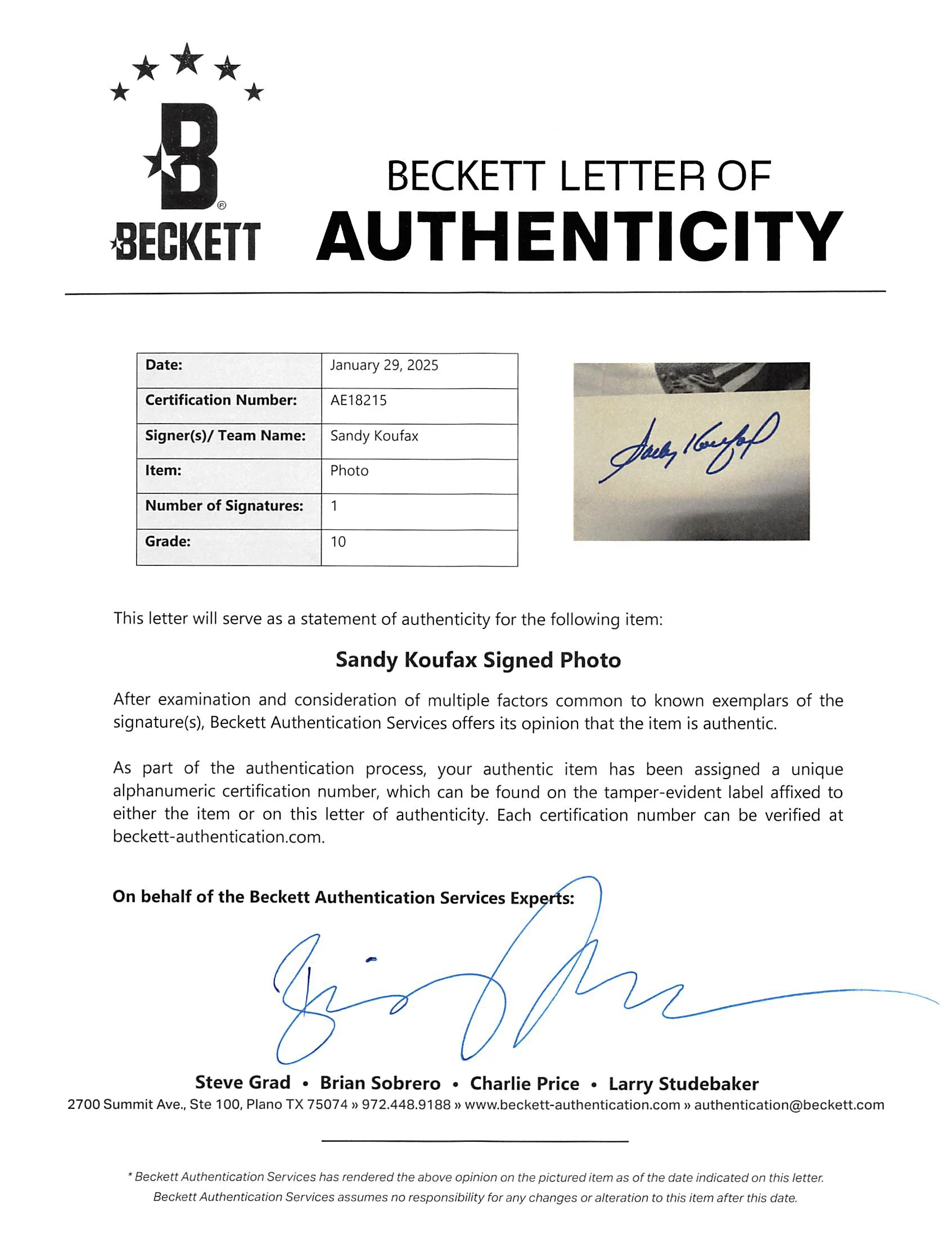 Dodgers Sandy Koufax Authentic Signed 16x20 Photo Auto Graded 10! BAS #AE18215 - Image 5