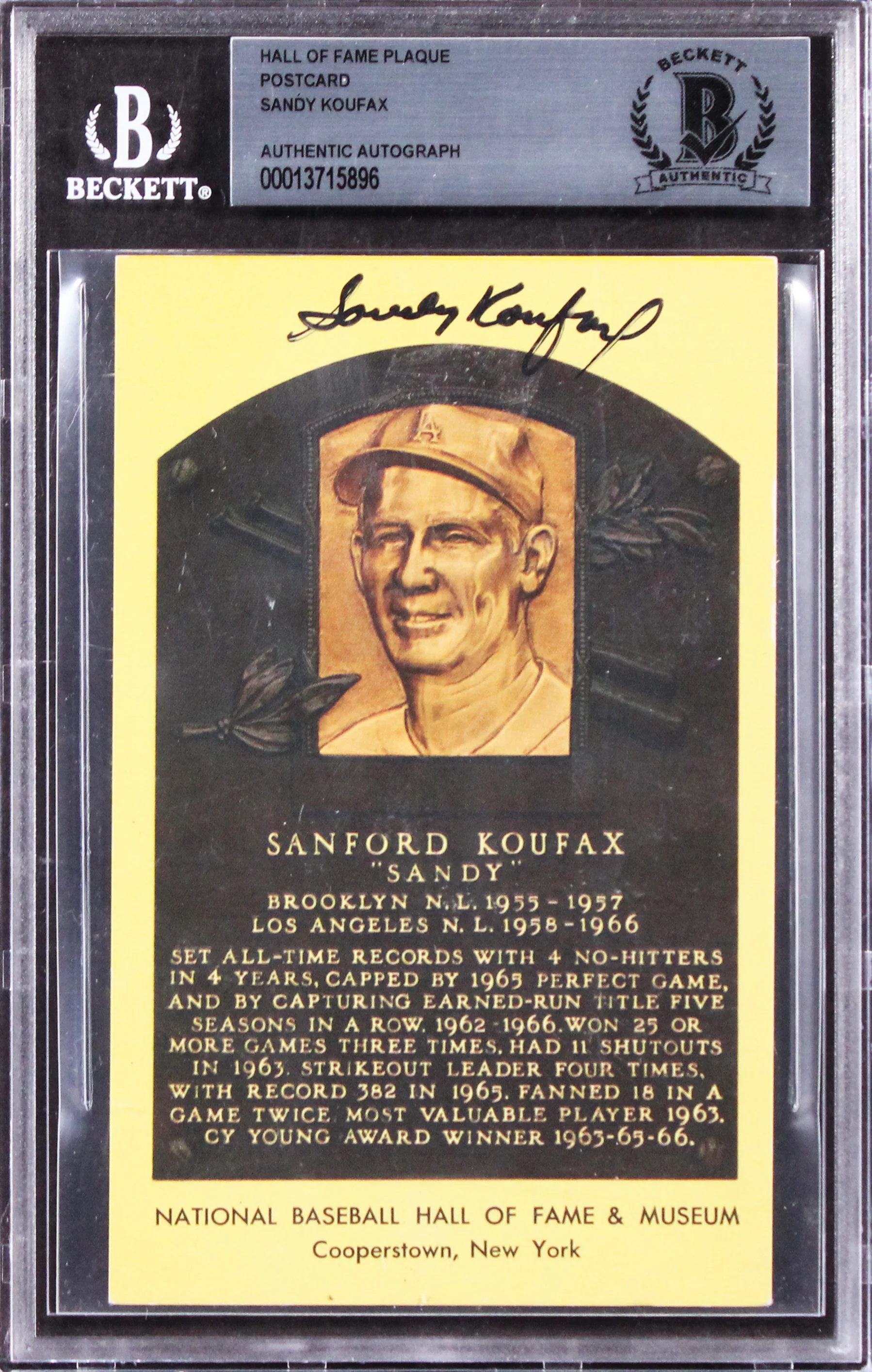 Dodgers Sandy Koufax Authentic Signed Hall of Fame Plaque Postcard BAS Slabbed - Image 2