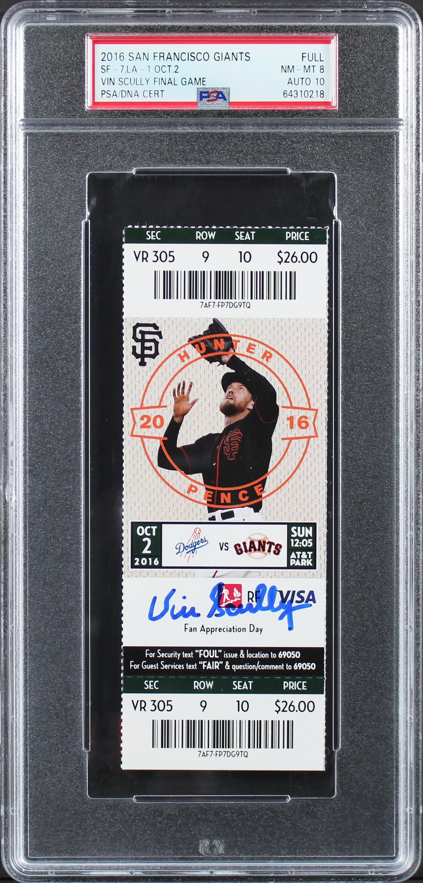 Dodgers Vin Scully Signed Final Game Full Ticket Stub Grade Auto 10! PSA Slabbed - Image 2