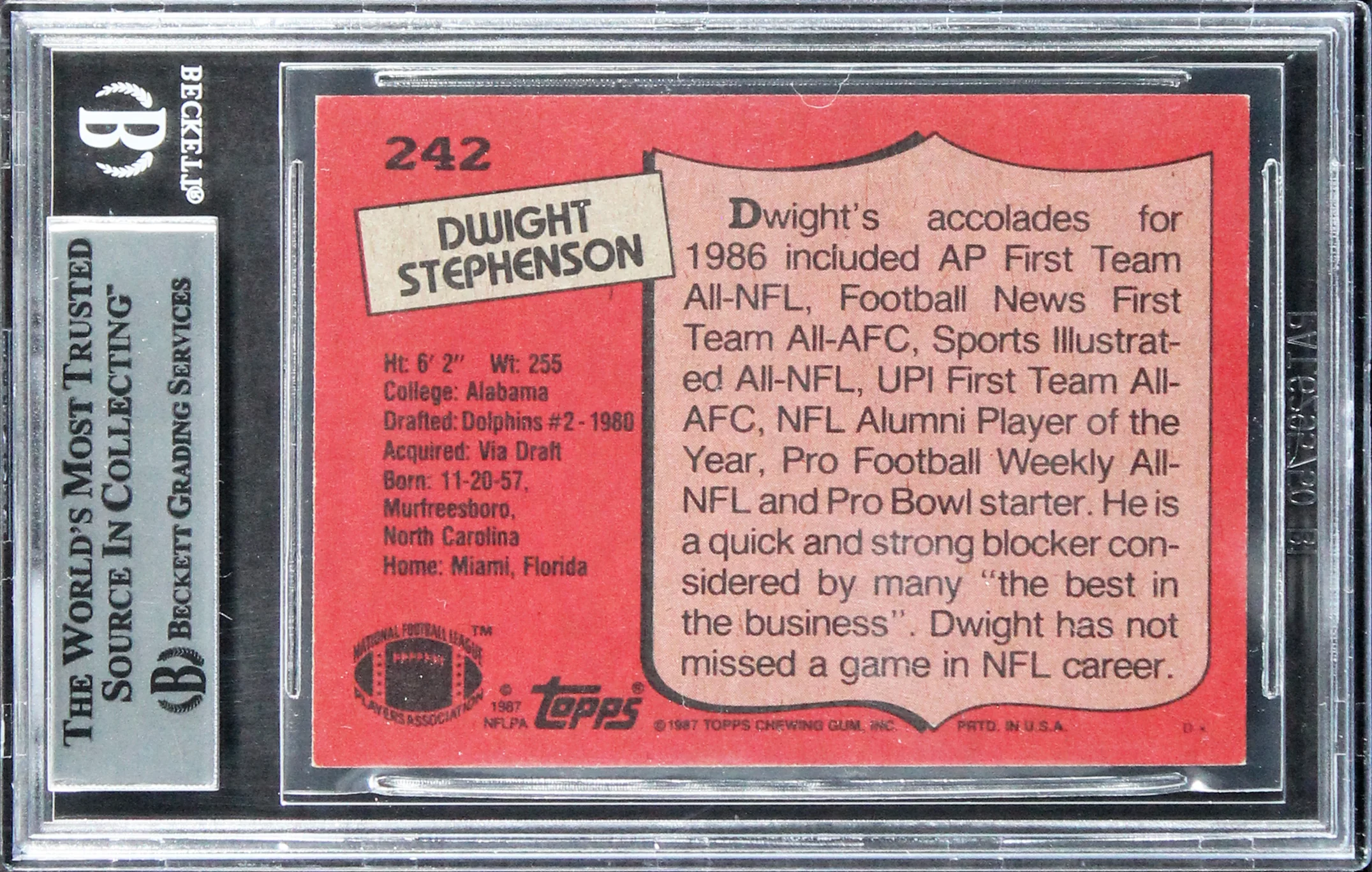 Dolphins Dwight Stephenson "HOF 98" Signed 1987 Topps #242 Card BAS Slabbed - Image 3