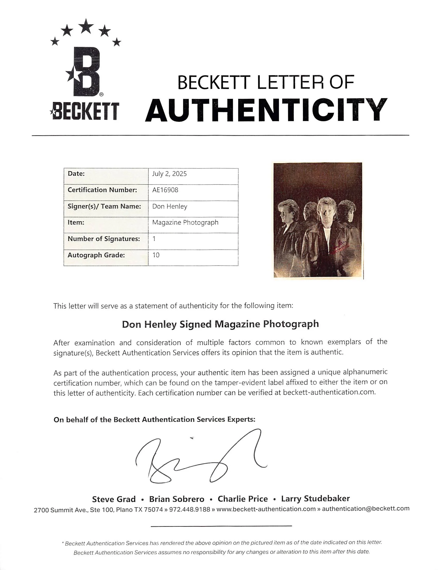 Don Henley The Eagles Authentic Signed 11x14 Photo Auto Graded 10! BAS #AE16908 - Image 4