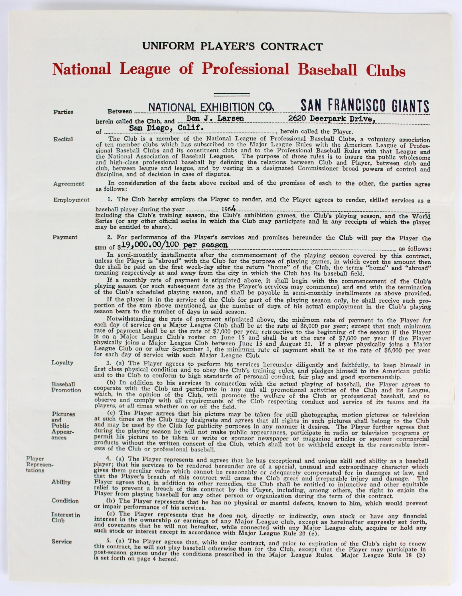 Don Larsen Signed 1964 San Francisco Giants Uniform Player's Contract BAS LOA - Image 6