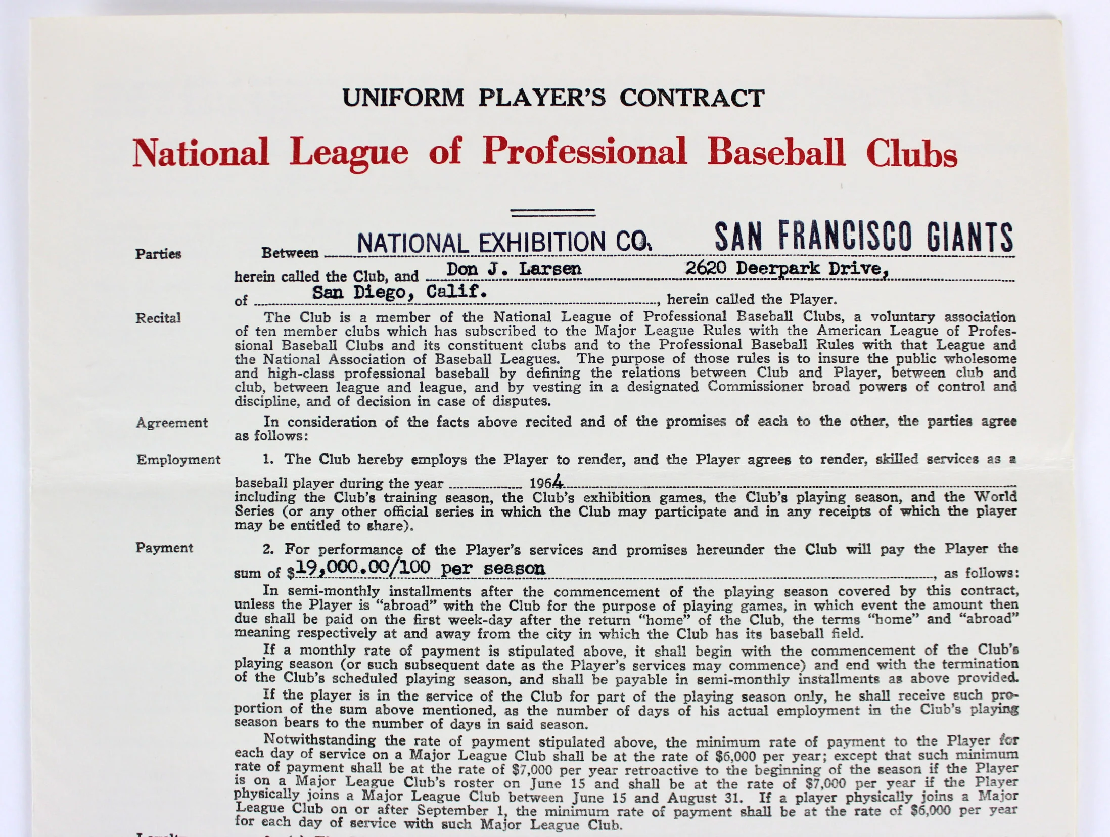 Don Larsen Signed 1964 San Francisco Giants Uniform Player's Contract BAS LOA - Image 8