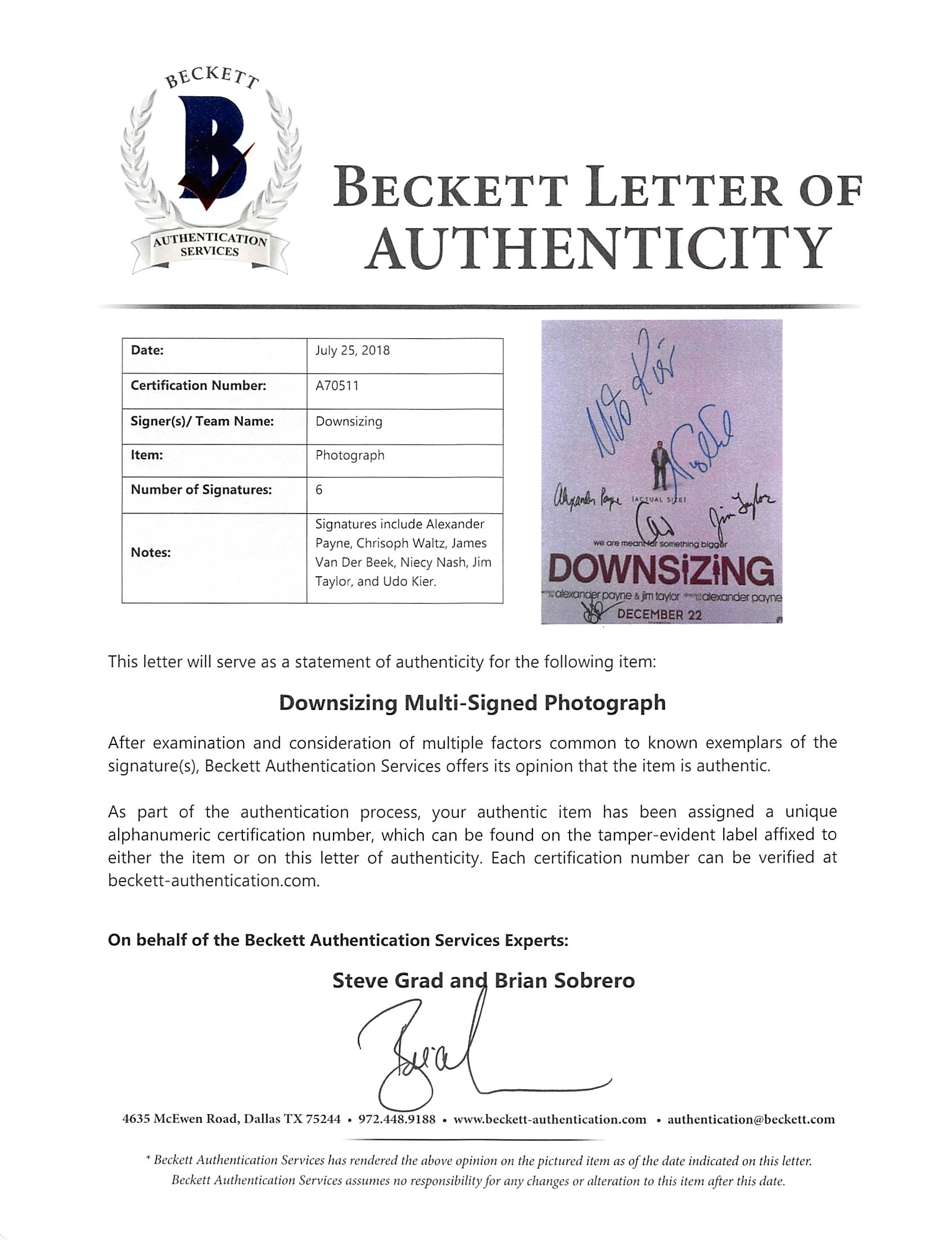 Downsizing (6) Payne, Waltz, Nash, Taylor, Kier Signed 12x18 Photo BAS #A70511 - Image 7