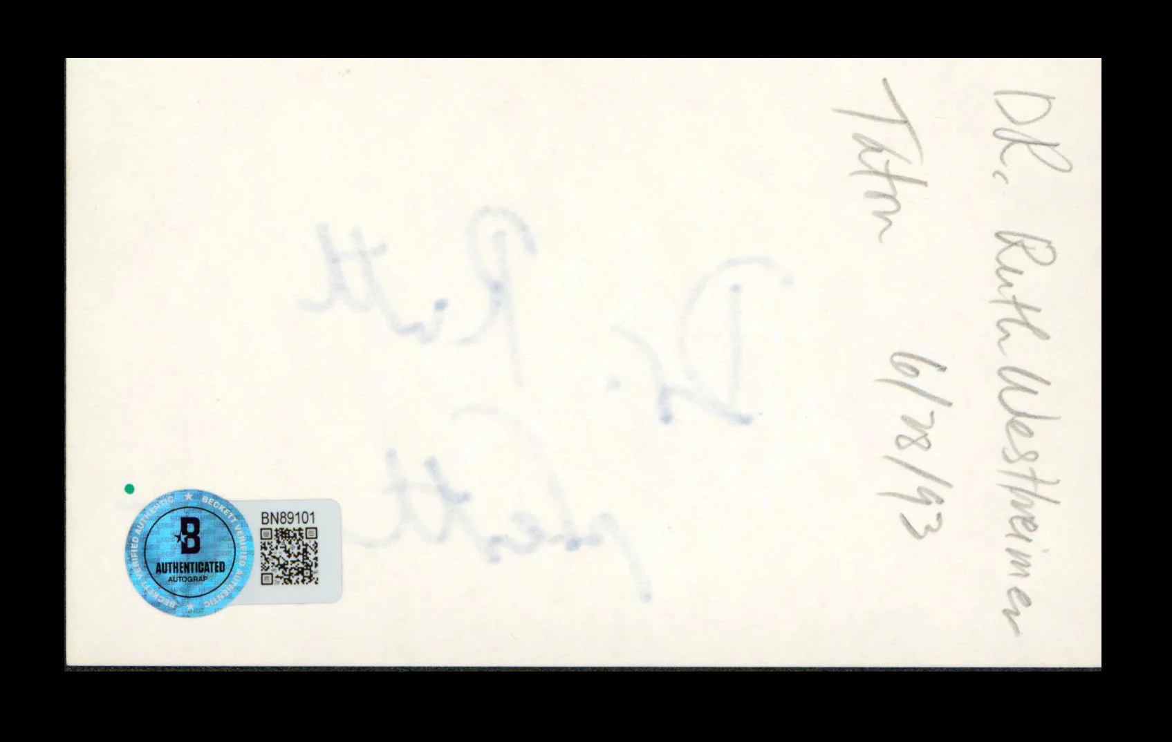 Dr. Ruth Westheimer Authentic Signed 3x5 Index Card Autographed BAS #BN89101 - Image 3
