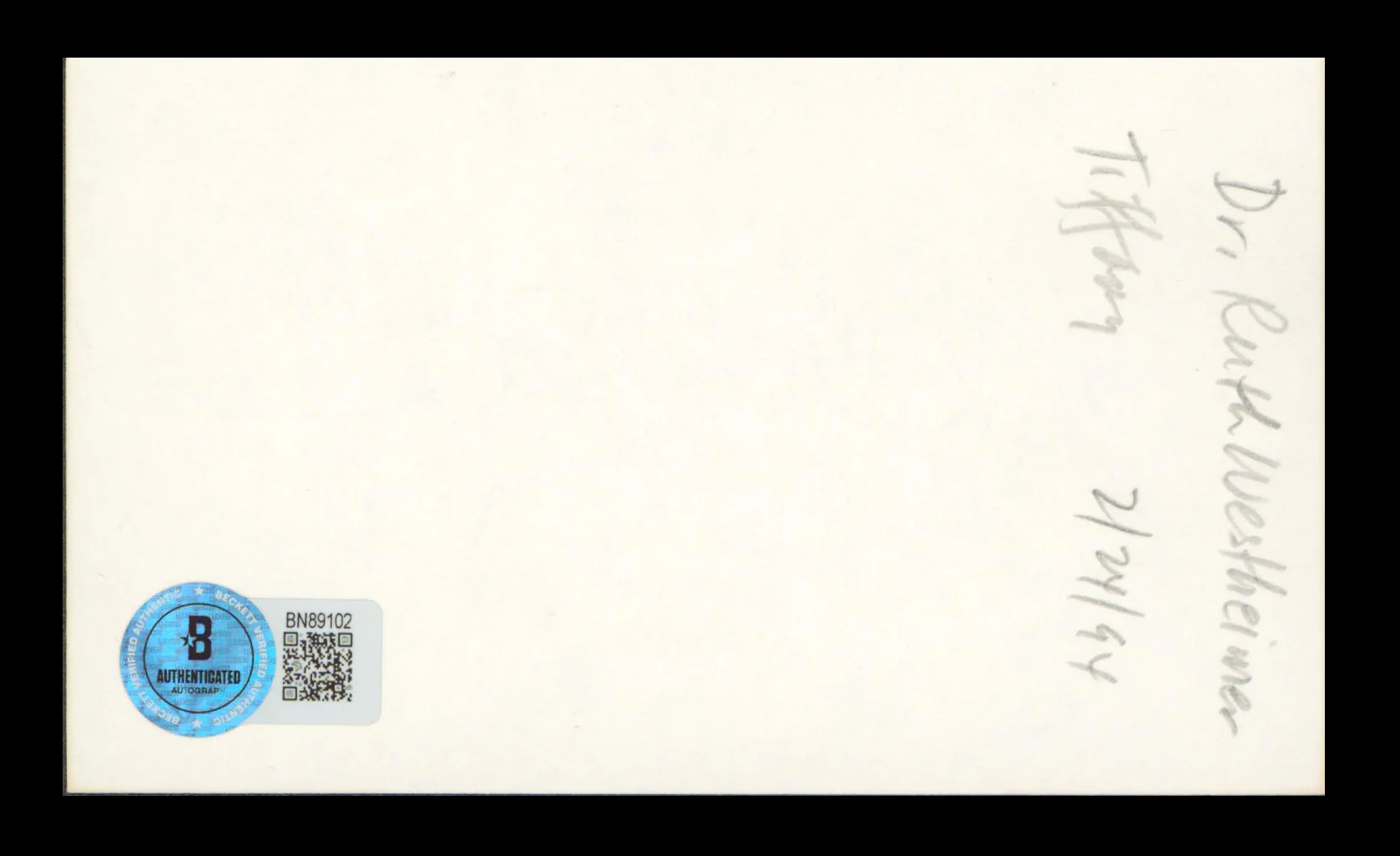Dr. Ruth Westheimer Authentic Signed 3x5 Index Card Autographed BAS #BN89102 - Image 3