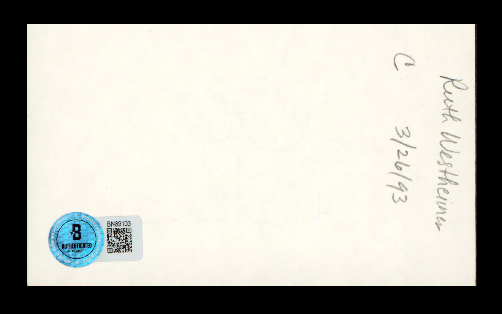 Dr. Ruth Westheimer Authentic Signed 3x5 Index Card Autographed BAS #BN89103 - Image 3