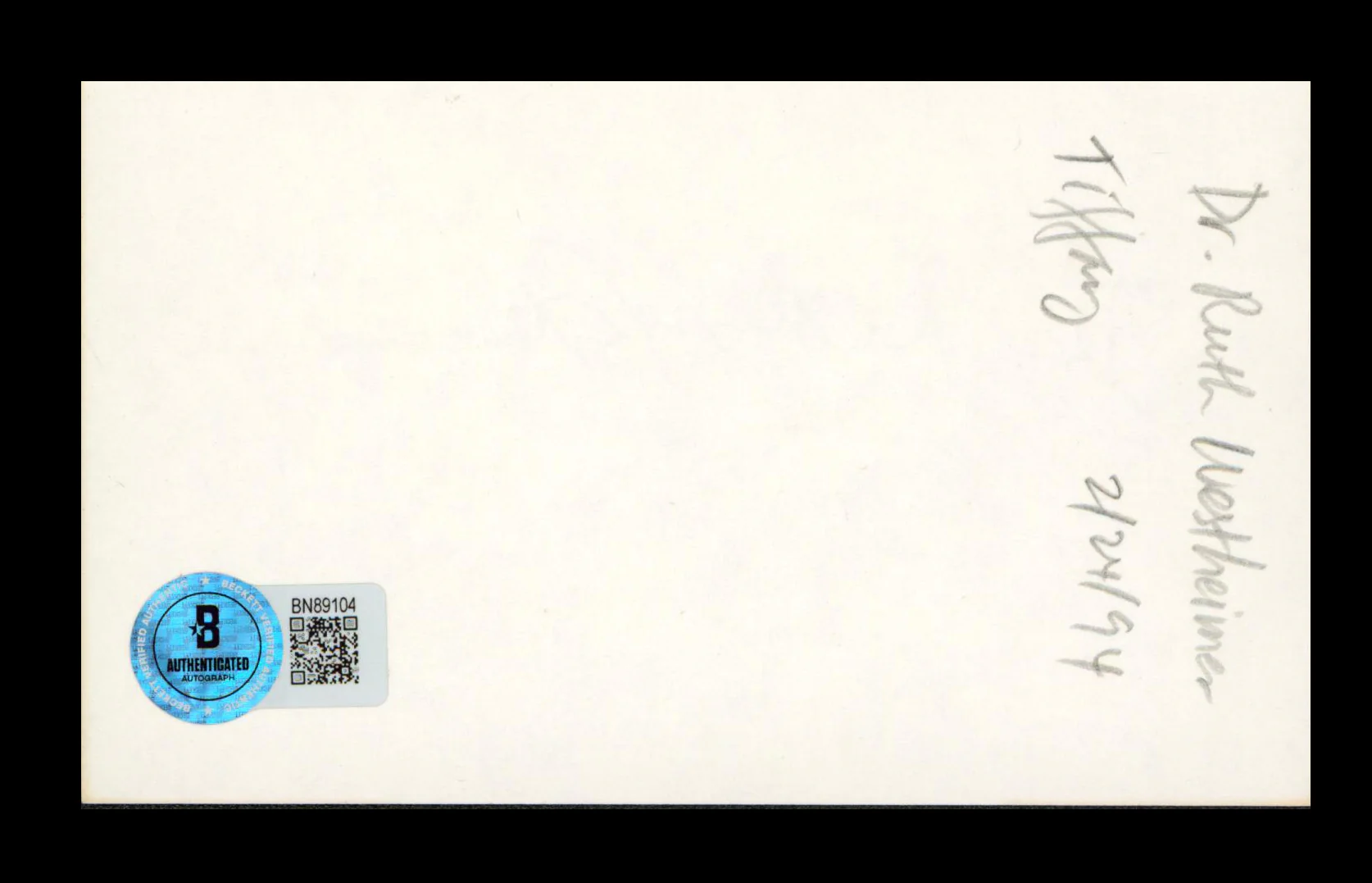 Dr. Ruth Westheimer Authentic Signed 3x5 Index Card Autographed BAS #BN89104 - Image 3