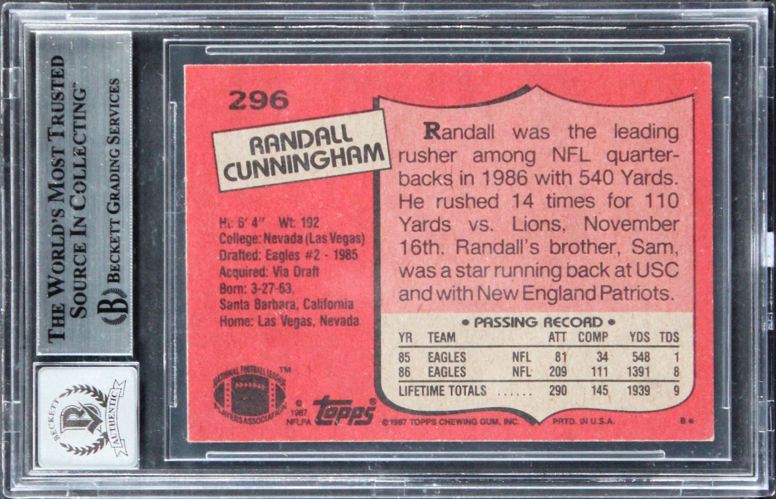 Eagles Randall Cunningham Signed 1987 Topps #296 Rookie Card Auto 10! BAS Slab - Image 3