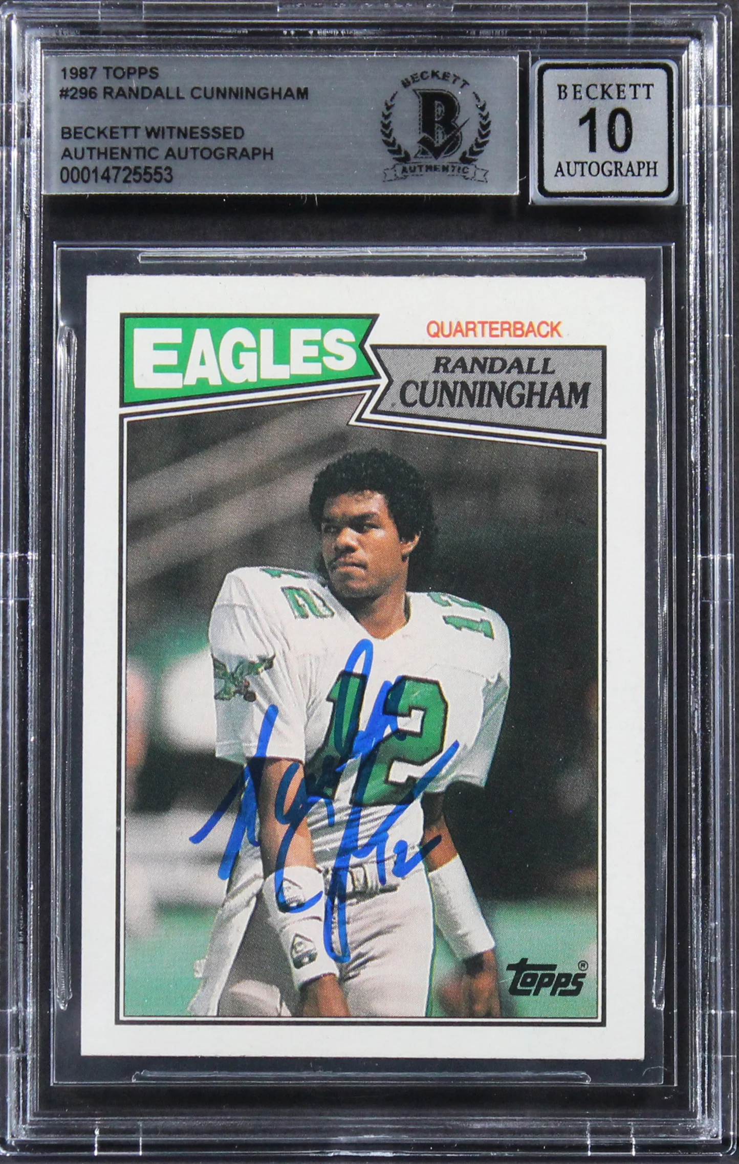 Eagles Randall Cunningham Signed 1987 Topps #296 Rookie Card Auto 10 BAS Slabbed - Image 2