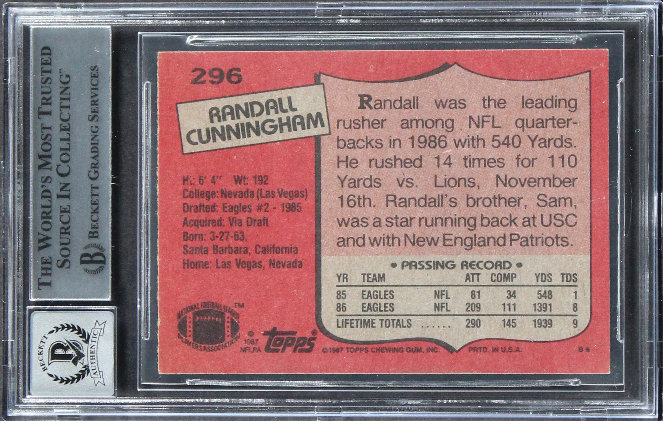 Eagles Randall Cunningham Signed 1987 Topps #296 Rookie Card Auto 10 BAS Slabbed - Image 3