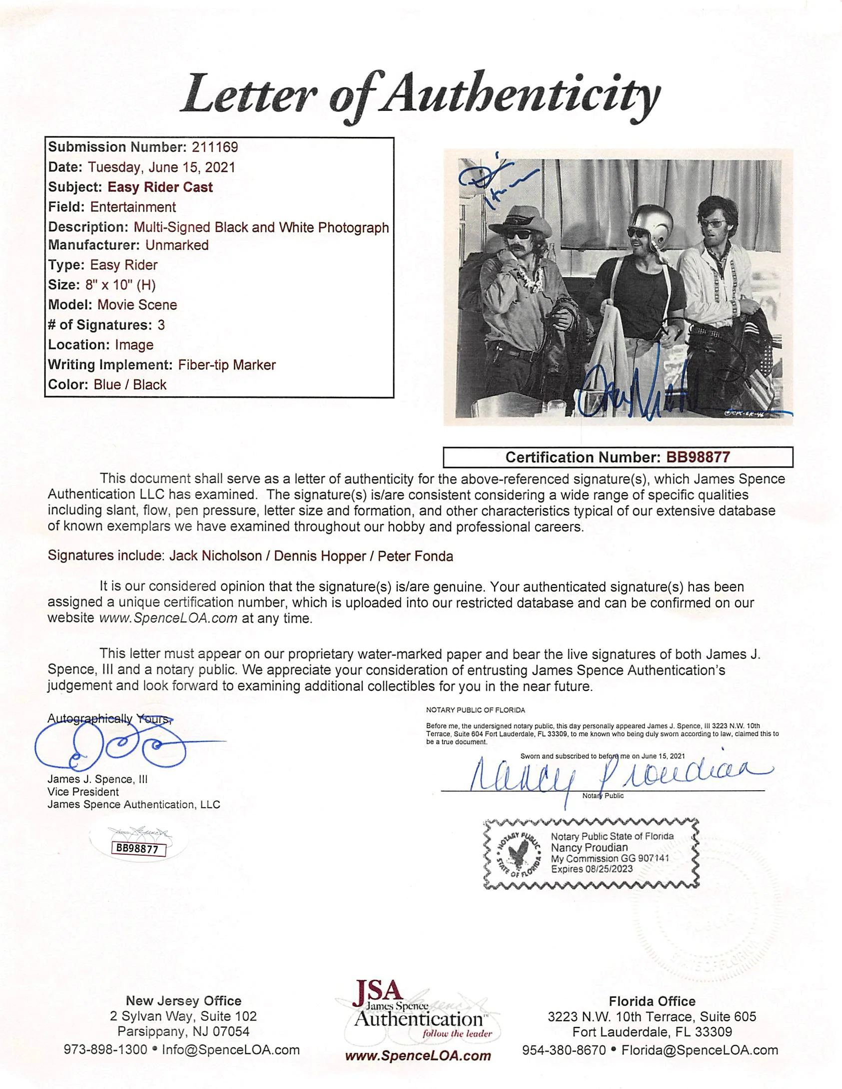 Easy Rider (3) Nicholson, Fonda & Hopper Signed 8x10 B&W Photo JSA #BB98877 - Image 3
