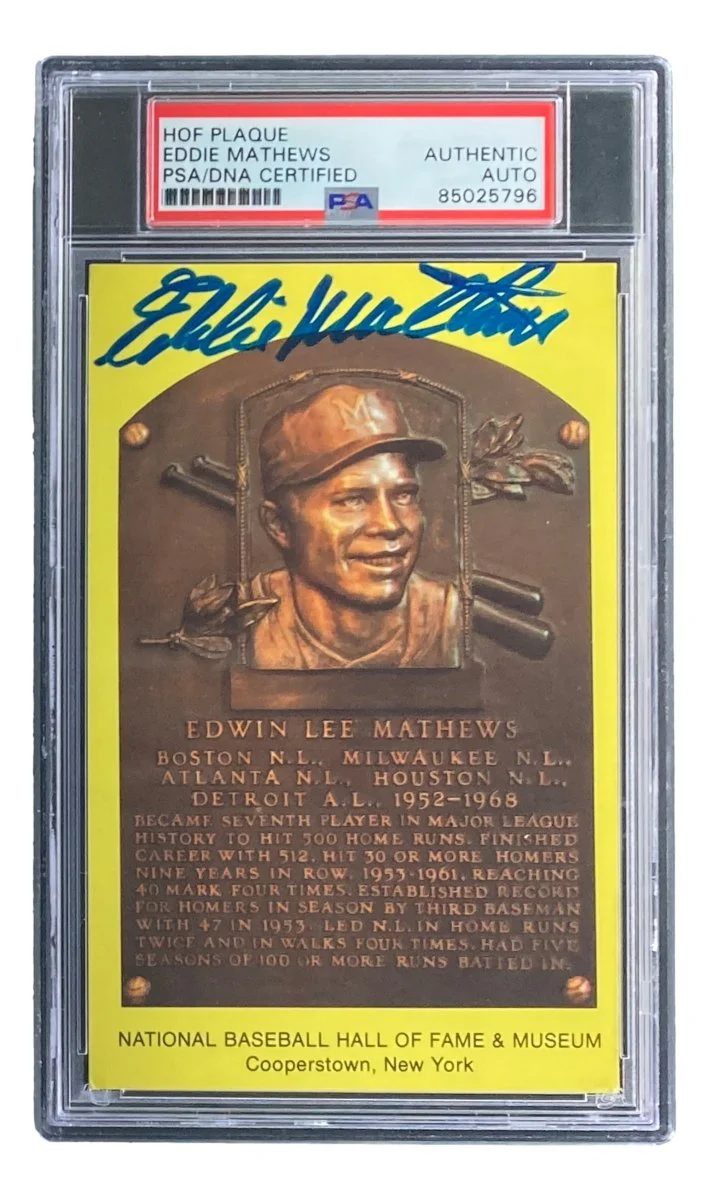 Eddie Mathews Signed 4x6 Milwaukee Braves HOF Plaque Card PSA/DNA 85025796