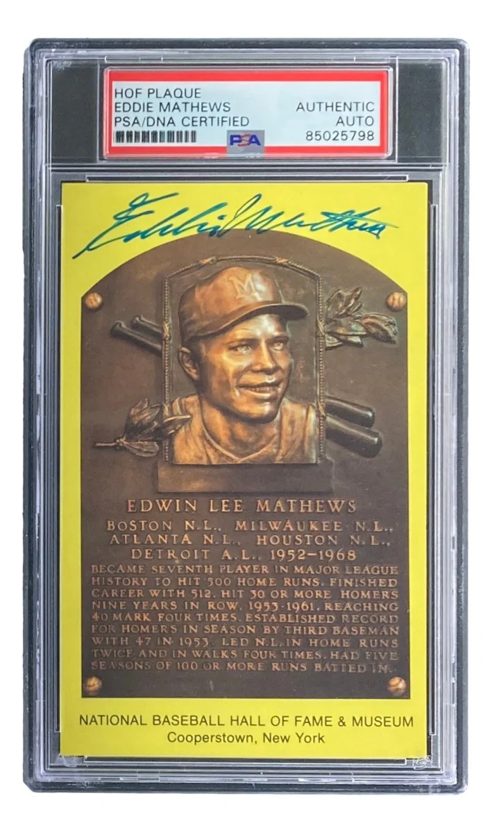 Eddie Mathews Signed 4x6 Milwaukee Braves HOF Plaque Card PSA/DNA 85025798