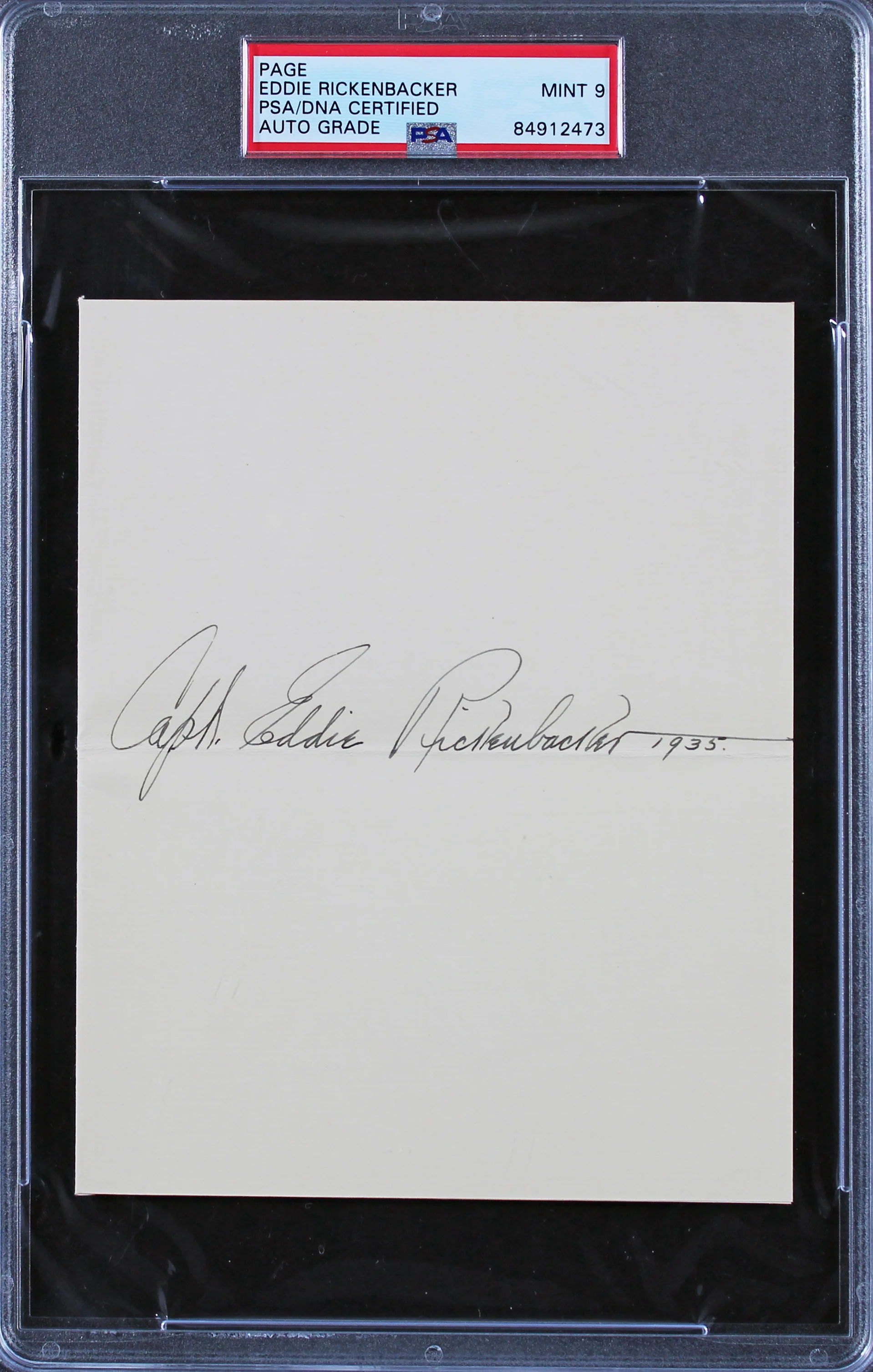 Eddie Rickenbacker "Capt, 1935" Signed 5x6.25 Album Page Auto 9! PSA Slabbed