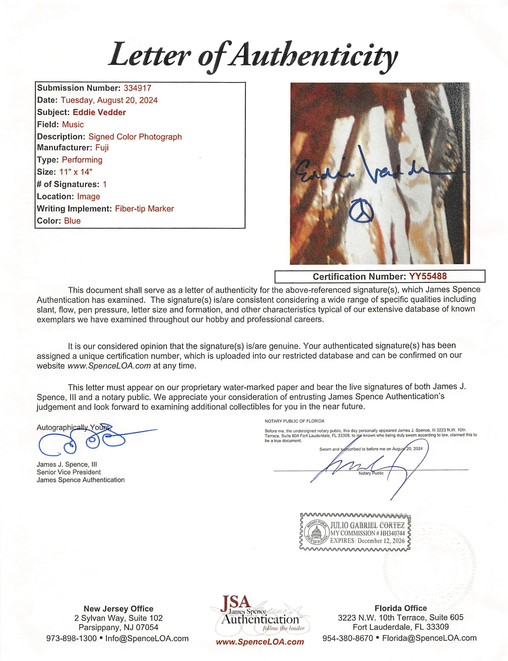 Eddie Vedder Pearl Jam Authentic Signed 11x14 Photo JSA #YY55488 - Image 4