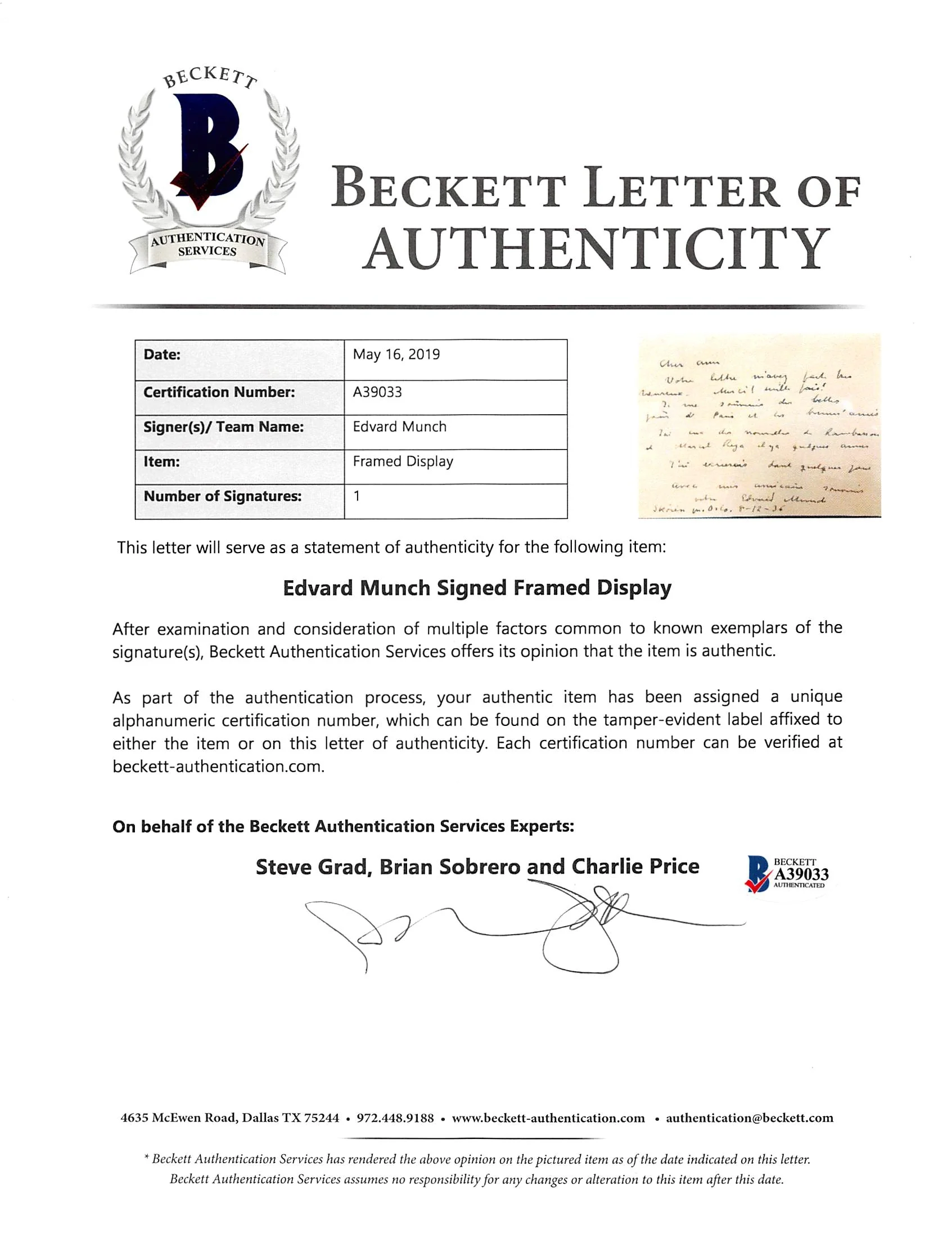 Edvard Munch Authentic Signed & Framed 4x5.5 Letter The Scream Display BAS - Image 5