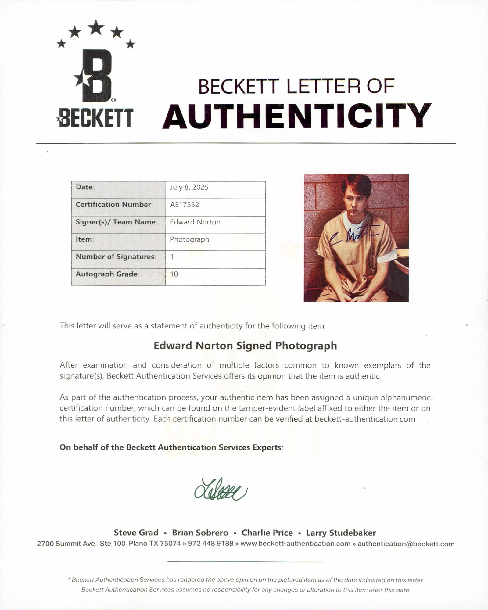 Edward Norton Primal Fear Authentic Signed 8x10 Vertical Photo BAS #AE17552 - Image 3