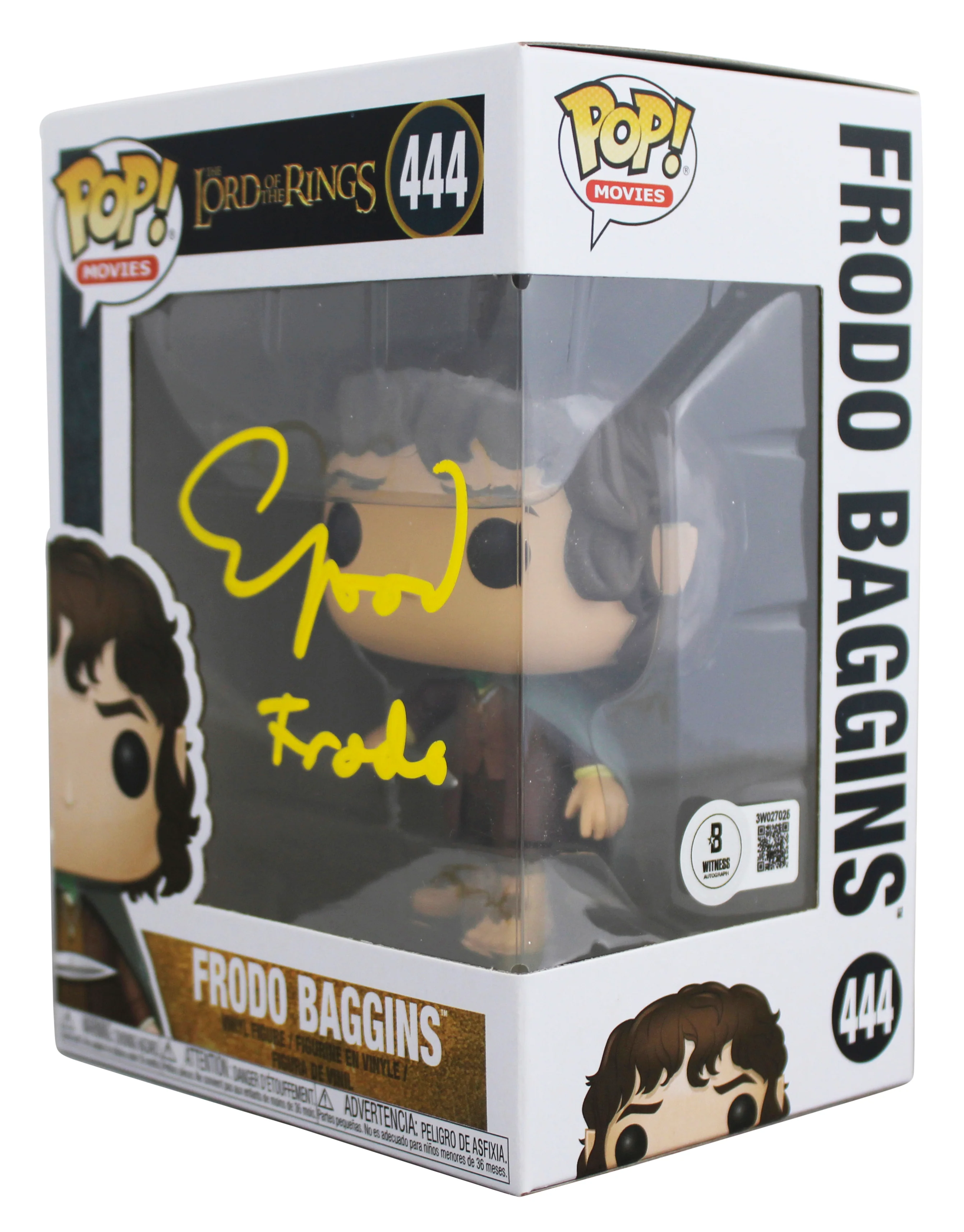 Elijah Wood LOTR "Frodo" Signed #444 Funko Pop Figure w/ Yellow Sig BAS Witness - Image 3