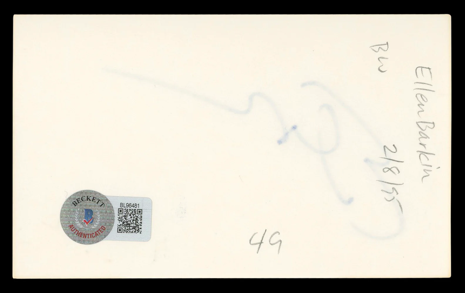 Ellen Barkin Sea of Love Authentic Signed 3x5 Index Card BAS #BL96481 - Image 3
