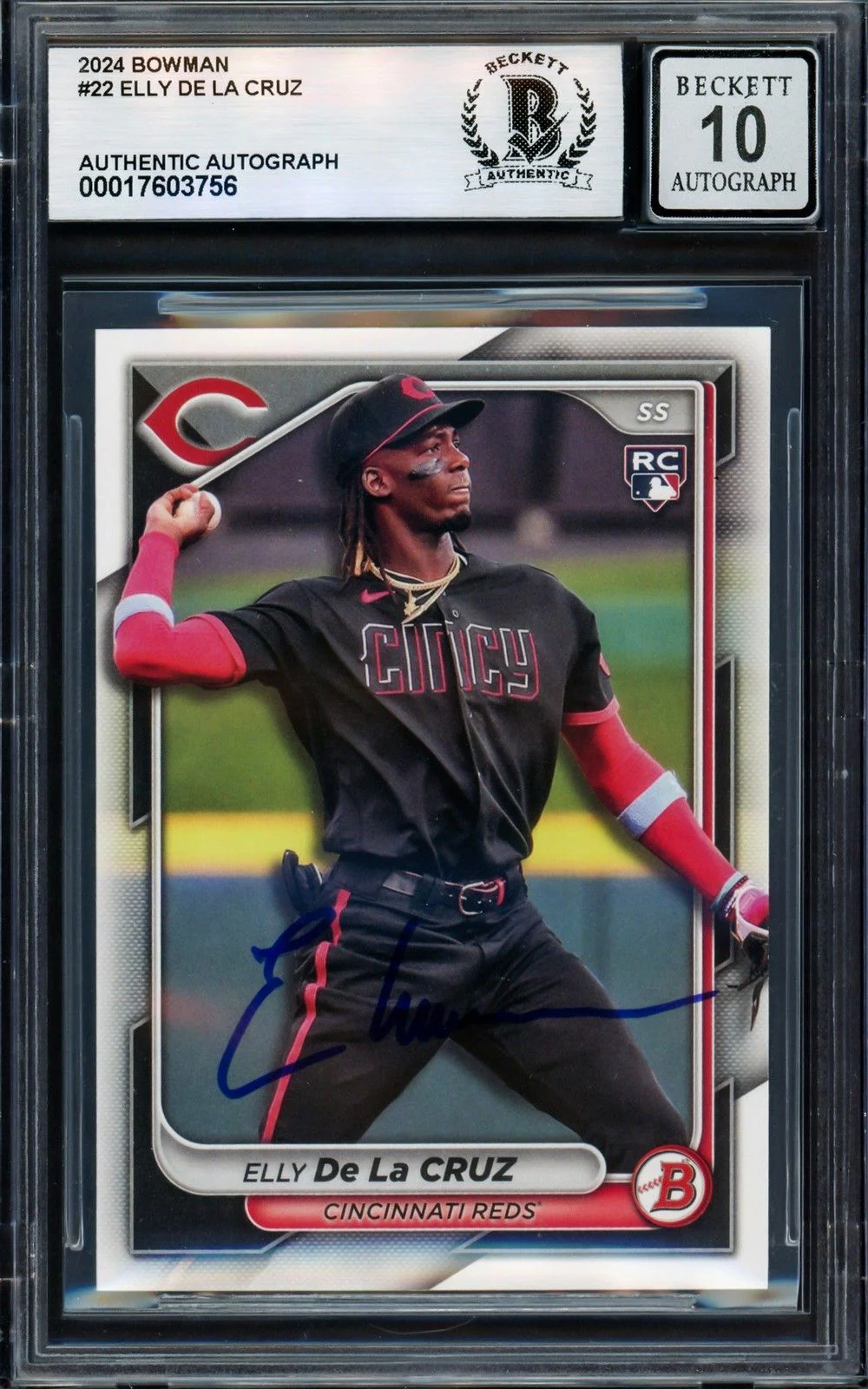 Elly De La Cruz Signed 2024 Bowman #22 Cincinnati Reds Rookie Card BAS Auto 10