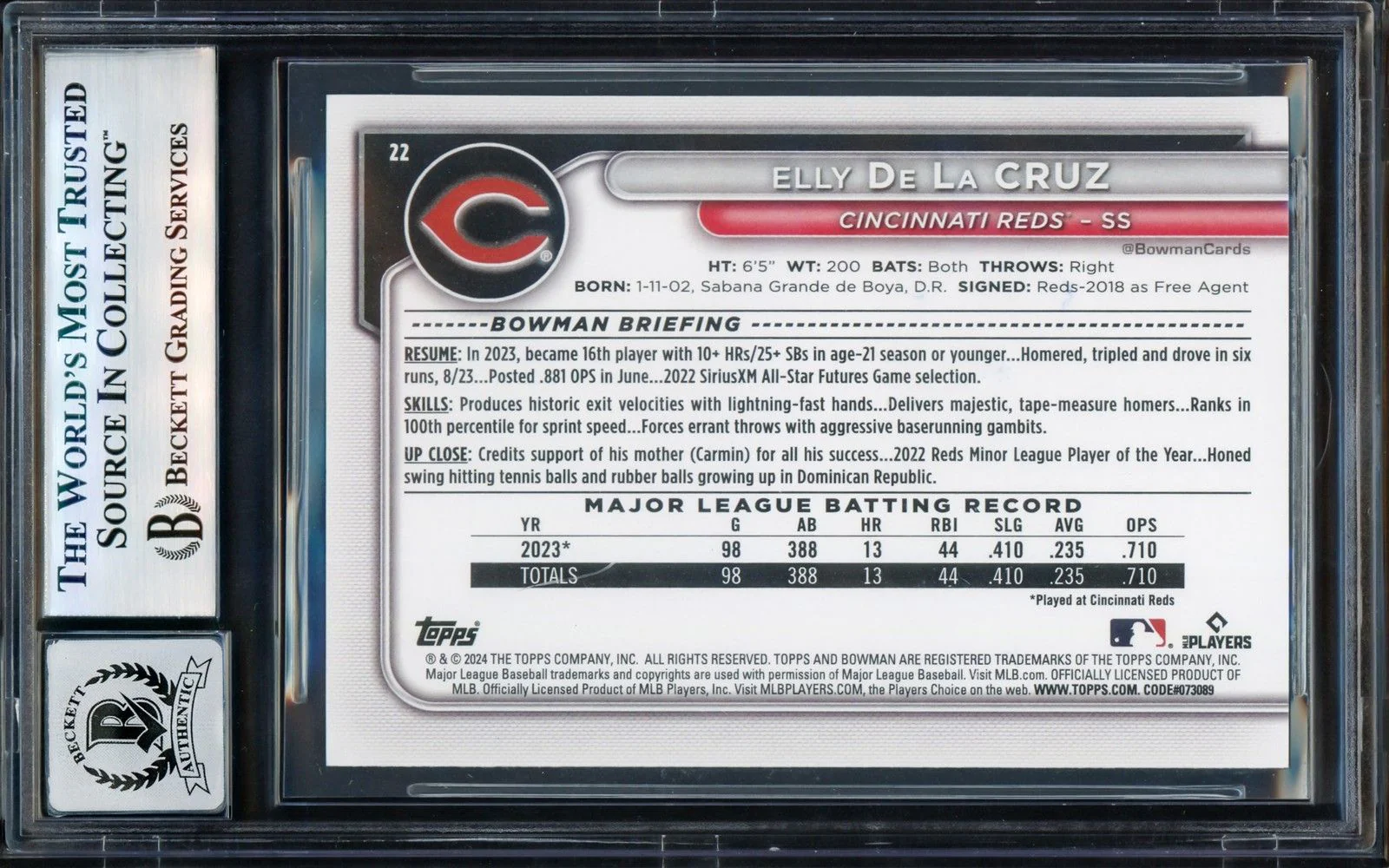 Elly De La Cruz Signed 2024 Bowman #22 Cincinnati Reds Rookie Card BAS Auto 10 - Image 2