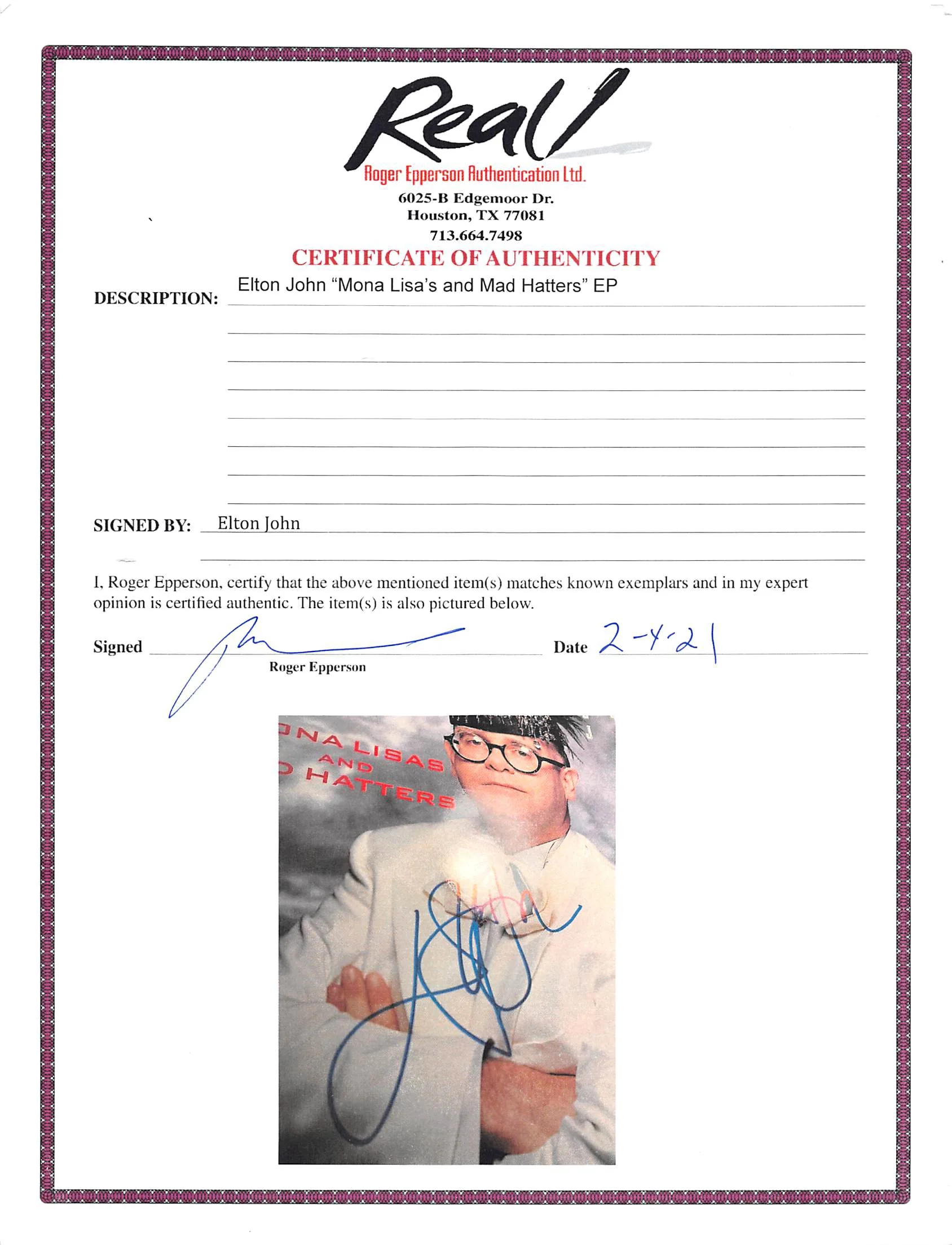 Elton John Signed Mona Lisas And Mad Hatters Album Cover W/ Vinyl BAS #AE09858 - Image 8