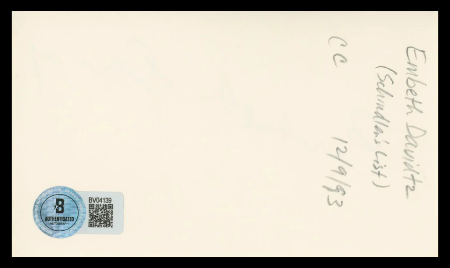 Embeth Davidtz Matilda Authentic Signed 3x5 Index Card Autographed BAS #BV04139 - Image 3