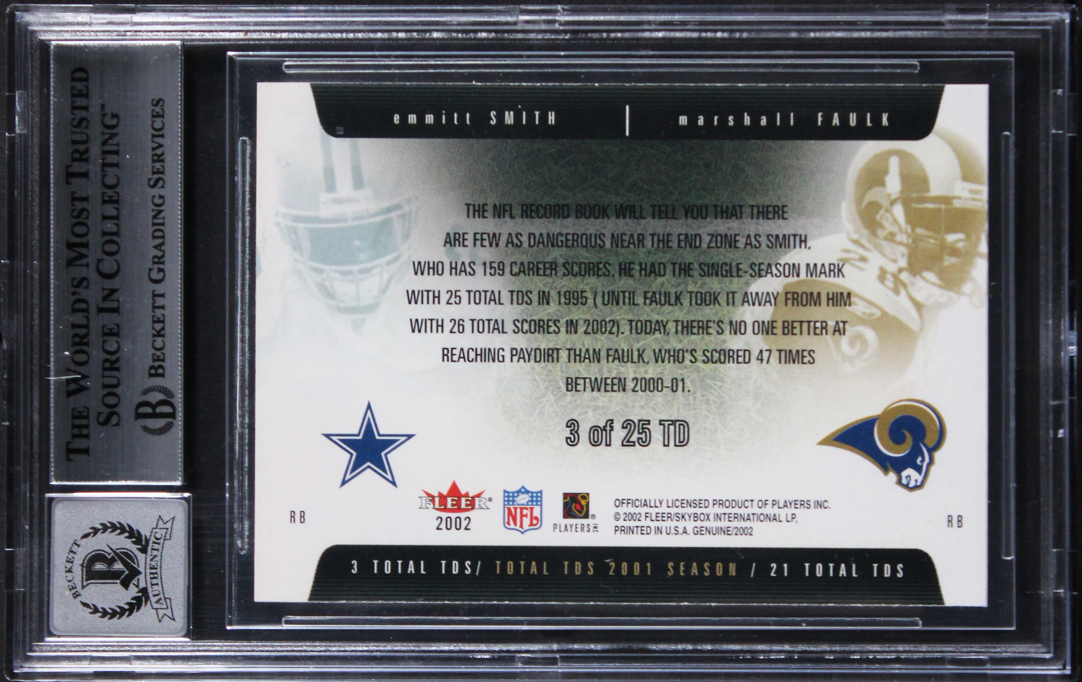 Emmitt Smith & Marshall Faulk Signed 2002 Fleer Genuine #3 Card Auto 10 BAS Slab - Image 3