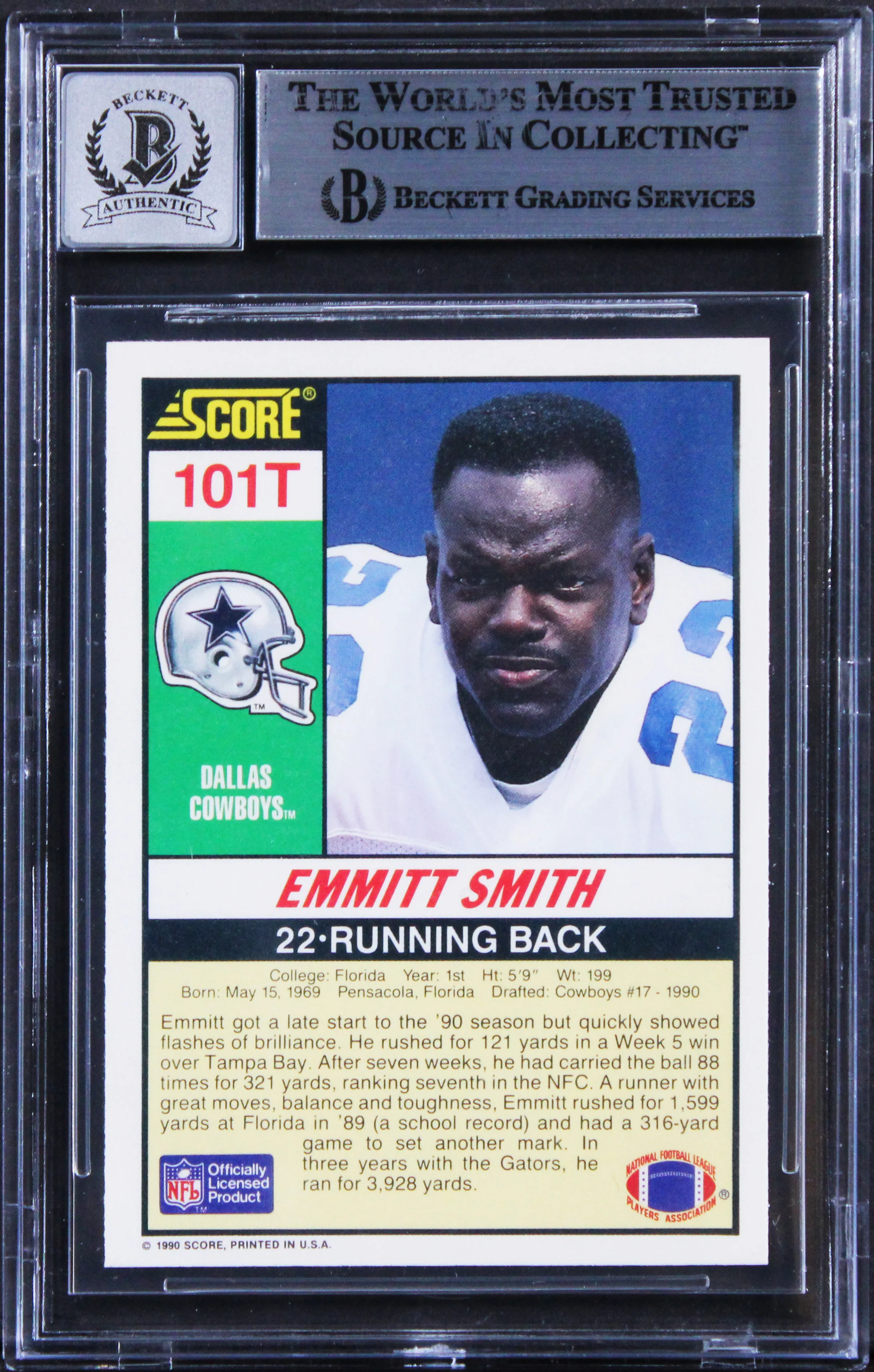 Emmitt Smith Signed 1990 Score Supplemental #101T RC Card Auto 10! BAS Slabbed - Image 3
