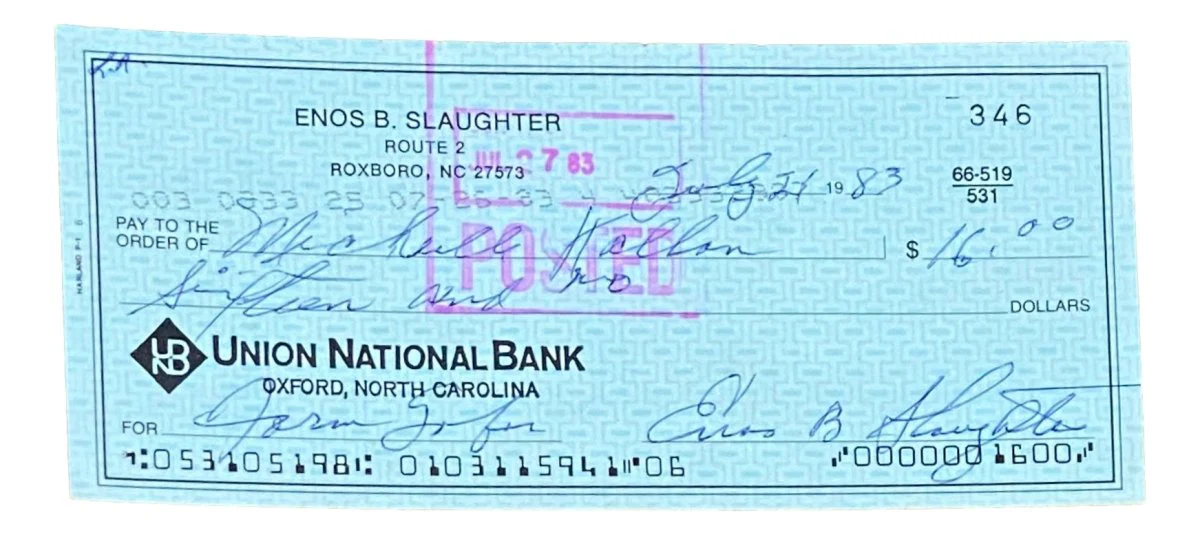 Enos Slaughter St. Louis Cardinals Signed Bank Check #346 BAS