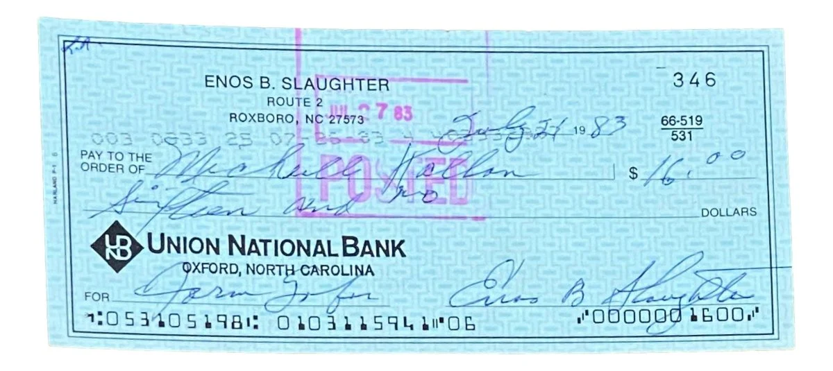 Enos Slaughter St. Louis Cardinals Signed Bank Check #346 BAS - Image 4